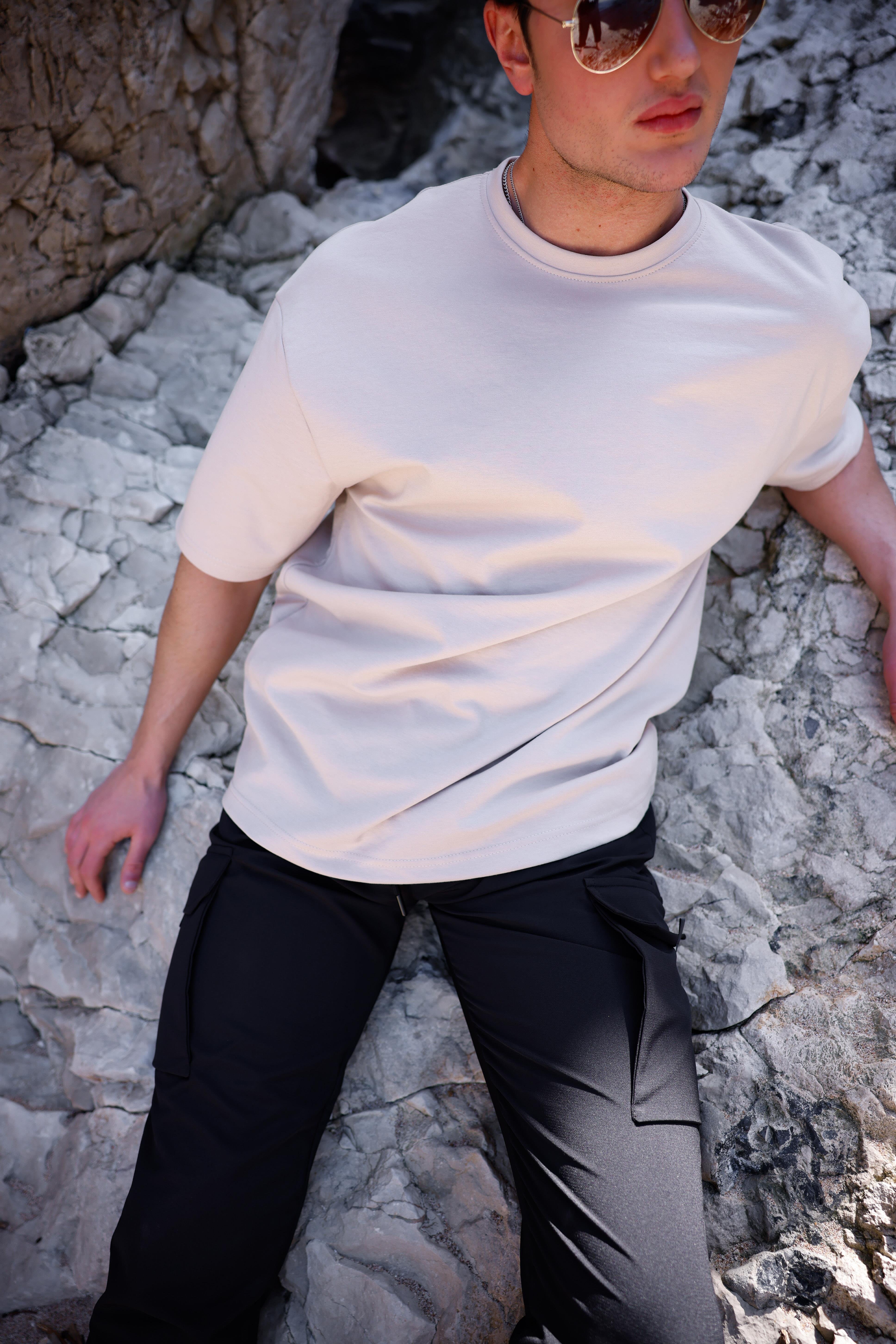 Erkek Bej Renk Oversize Baskısız Basic Tişört