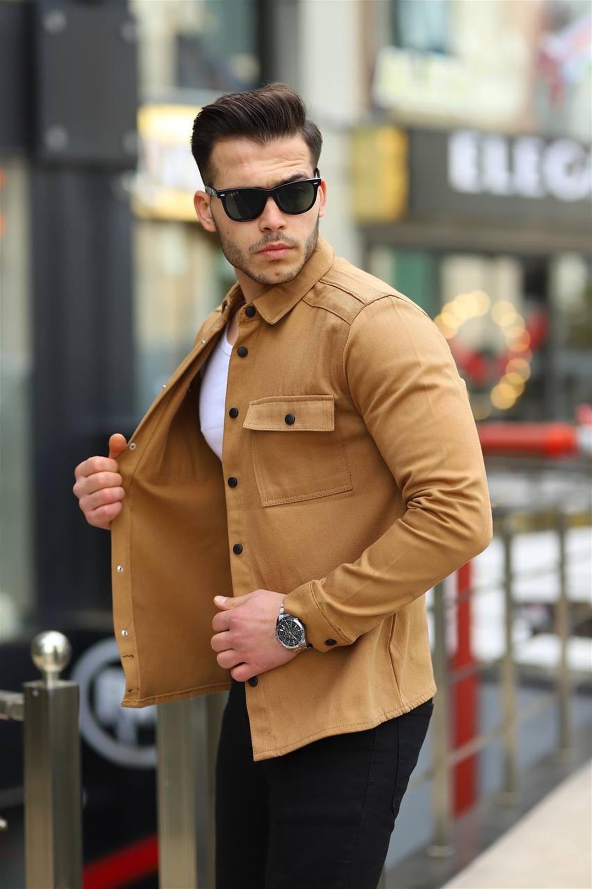 Camel Renk Çift Cep Çıtçıtlı Kot Gömlek