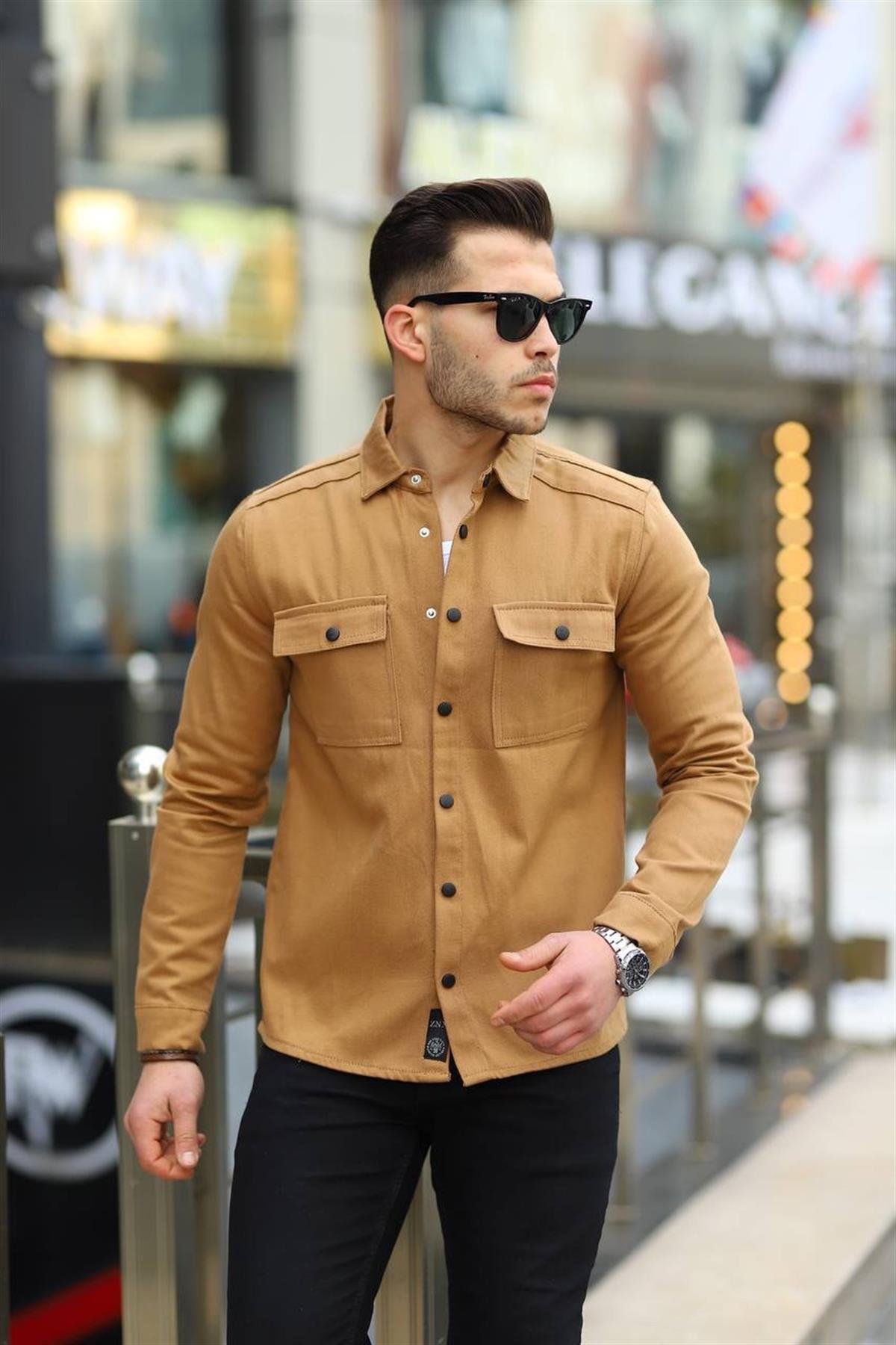 Camel Renk Çift Cep Çıtçıtlı Kot Gömlek