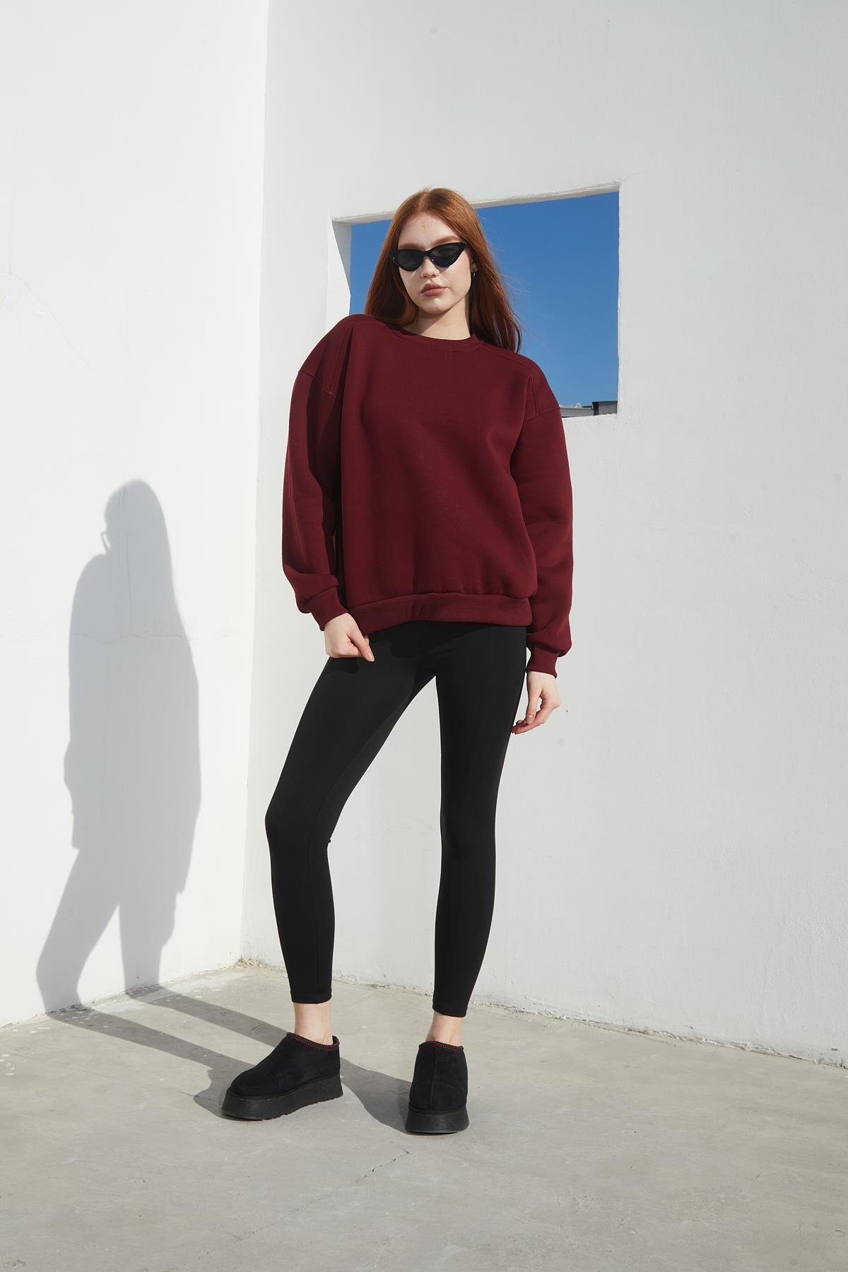 Bordo Renk Bisiklet Yaka Oversize Sweatshirt