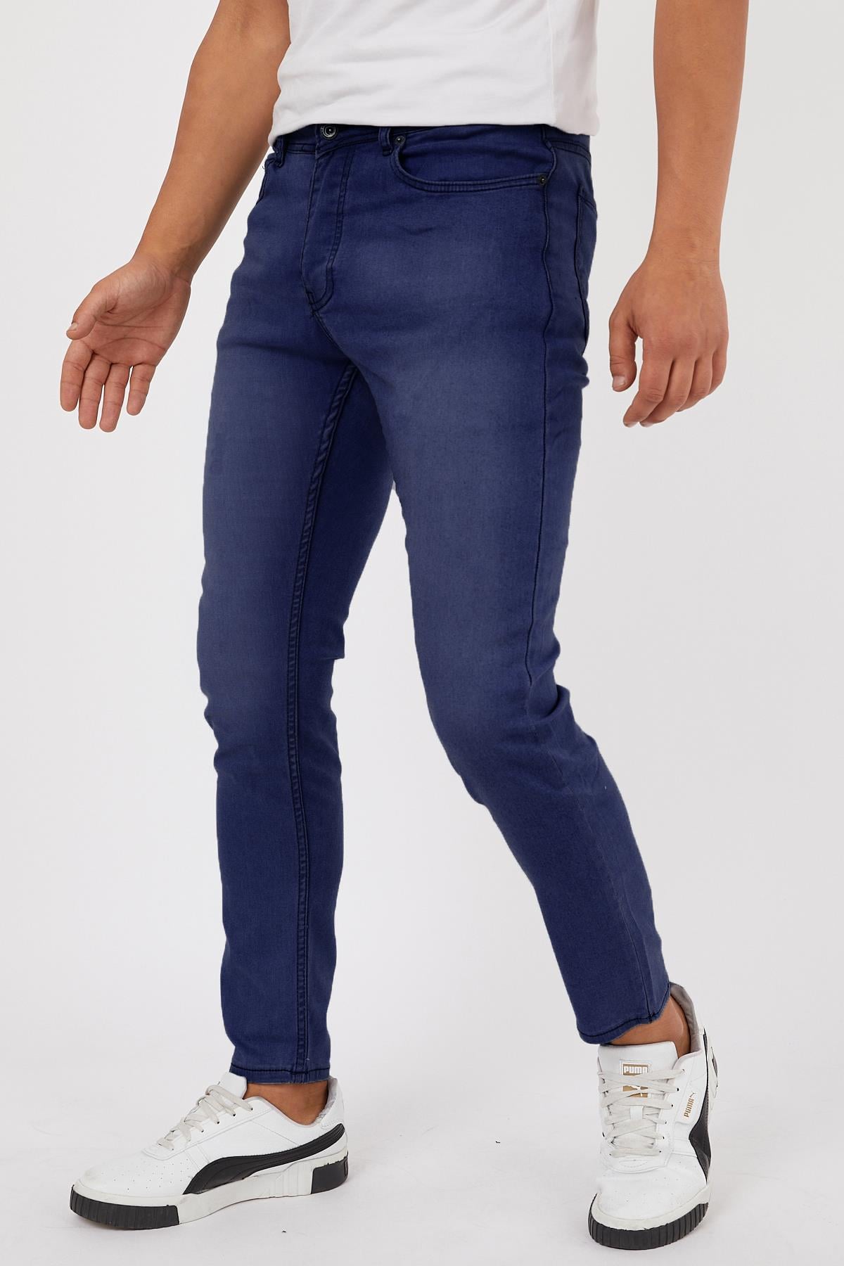 Lacivert Renk Eskitme Erkek Slim Fit Kot Pantolon