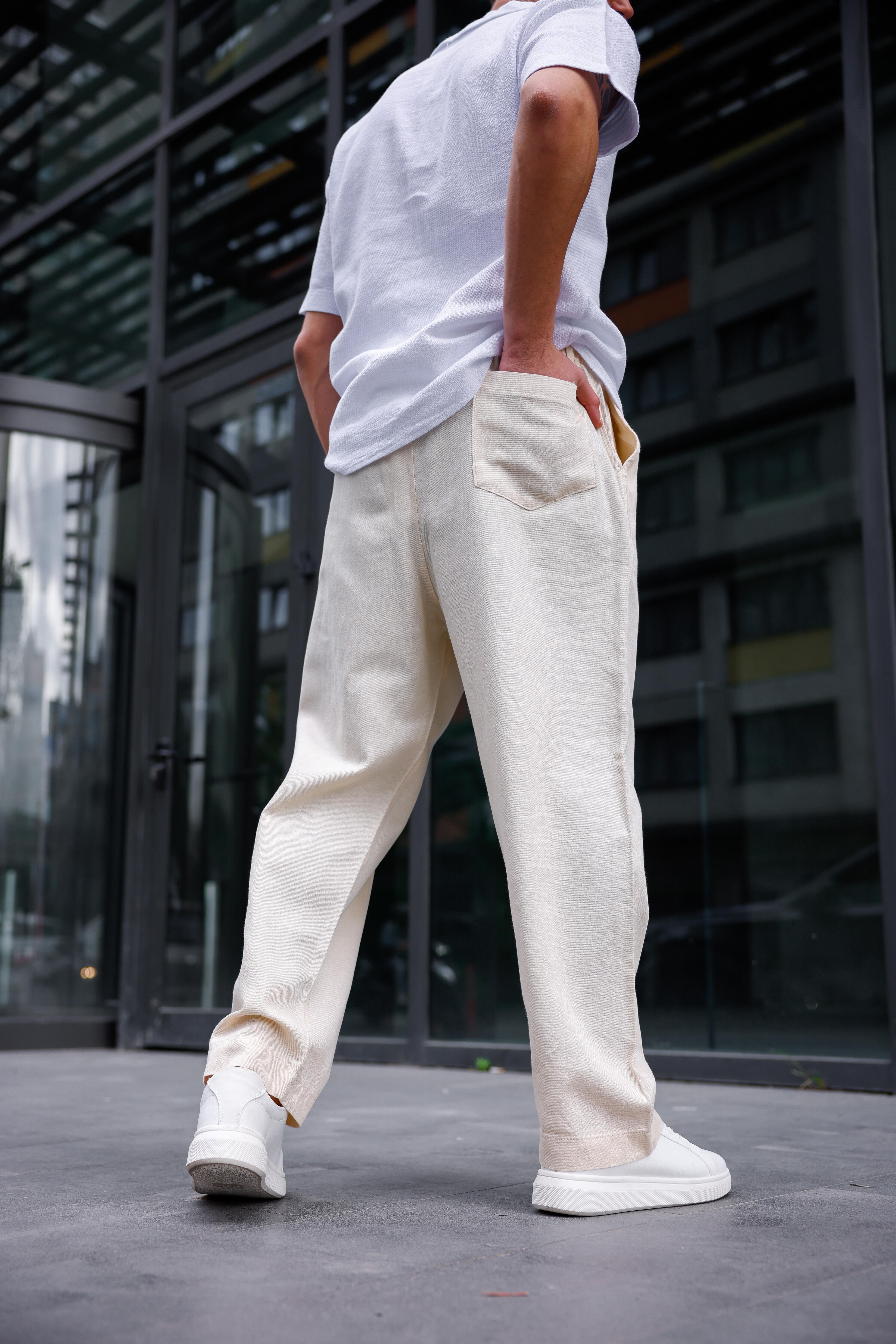 Keten Baggy Bej Renk Erkek Pantolon
