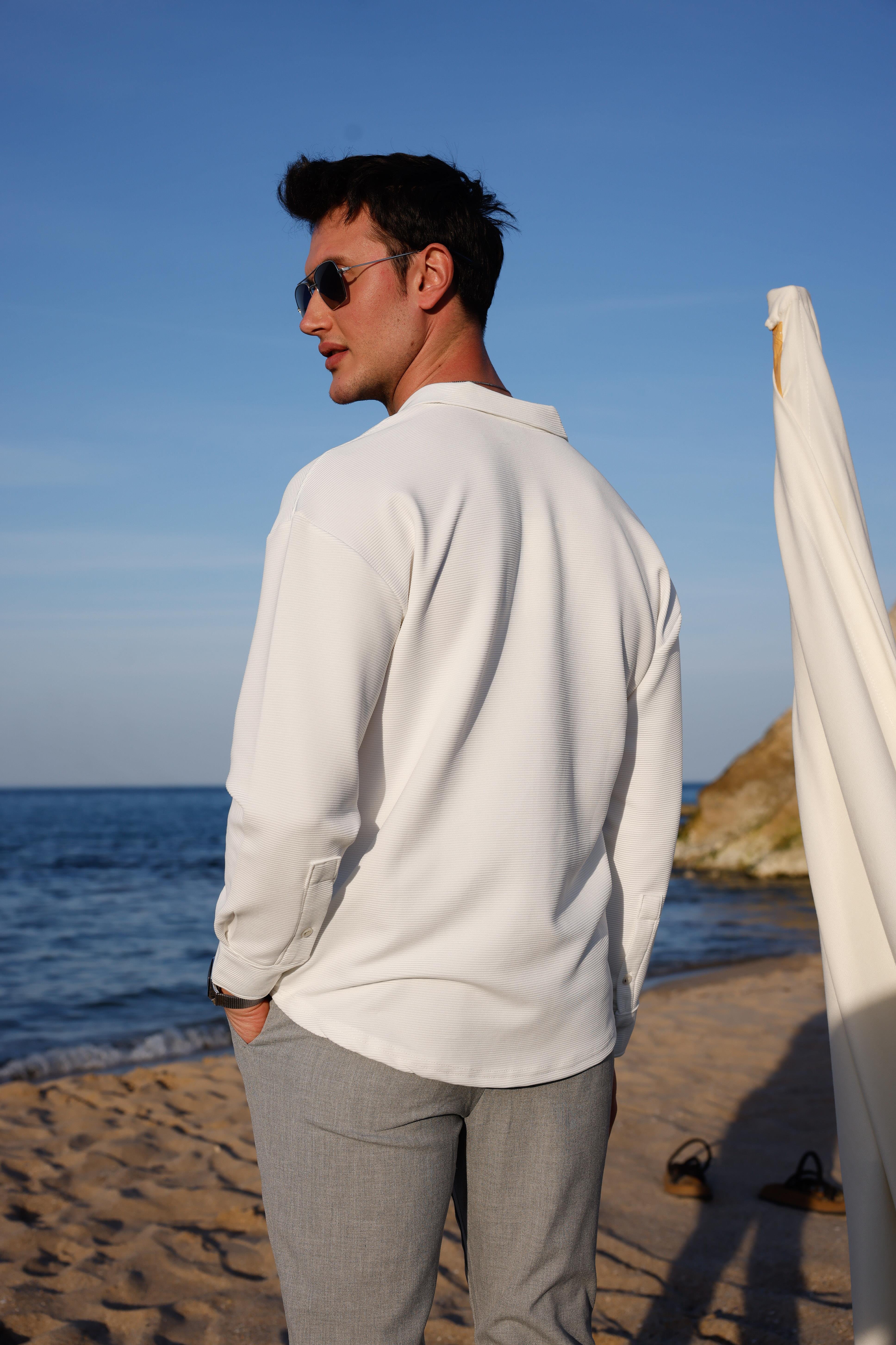 Erkek Beyaz Renk Örme Ottoman Kumaş Uzun Kol Gömlek