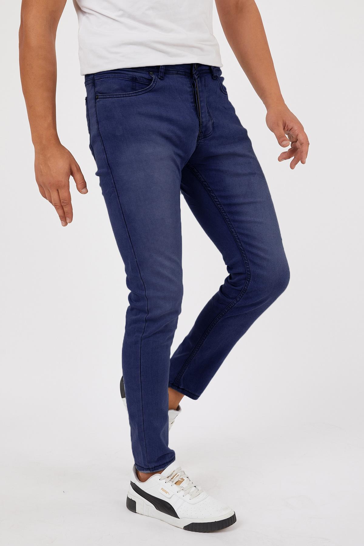 Lacivert Renk Eskitme Erkek Slim Fit Kot Pantolon