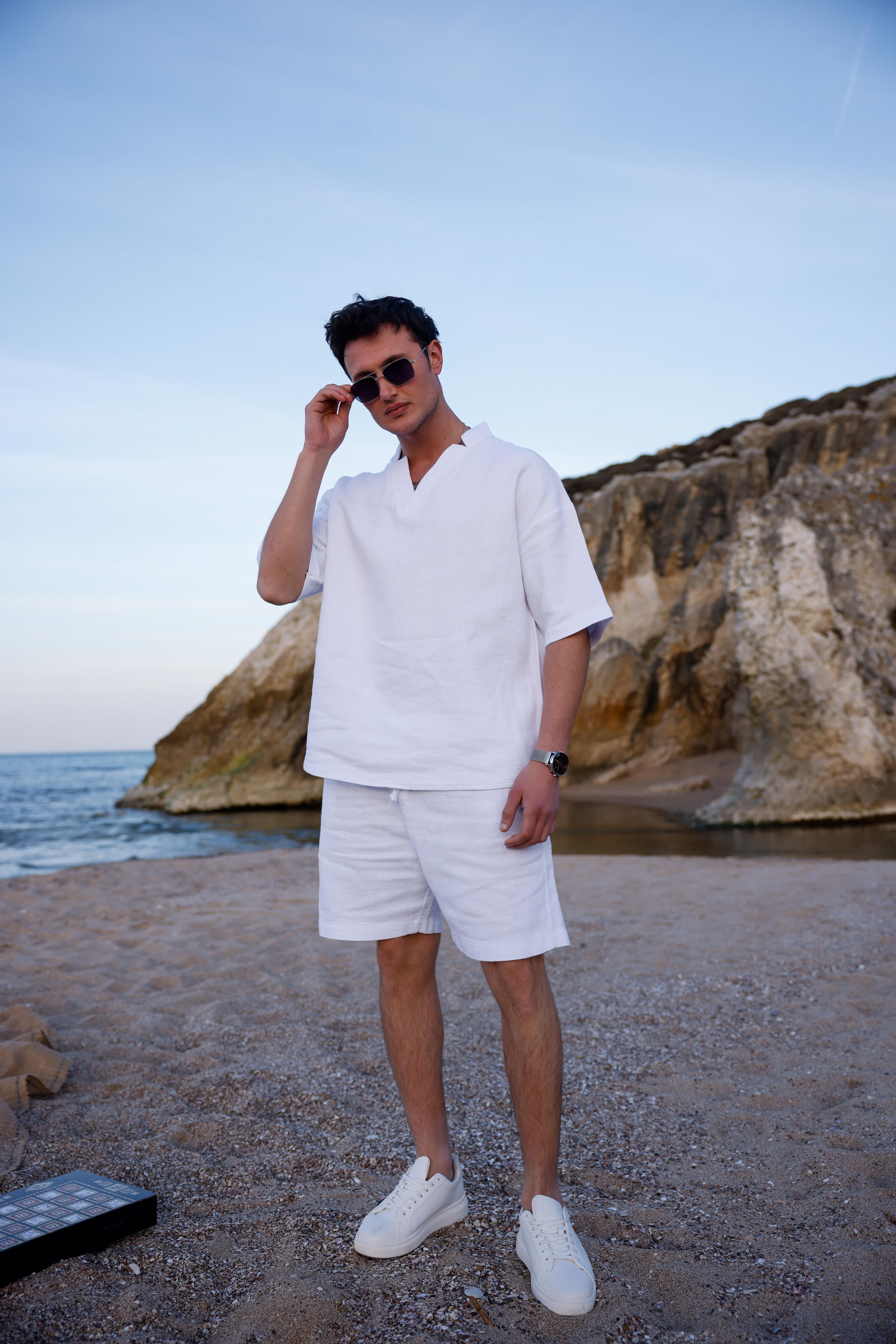 Beyaz Renk V Yaka Gömlek Şort  Erkek Yıkamalı Keten Takım