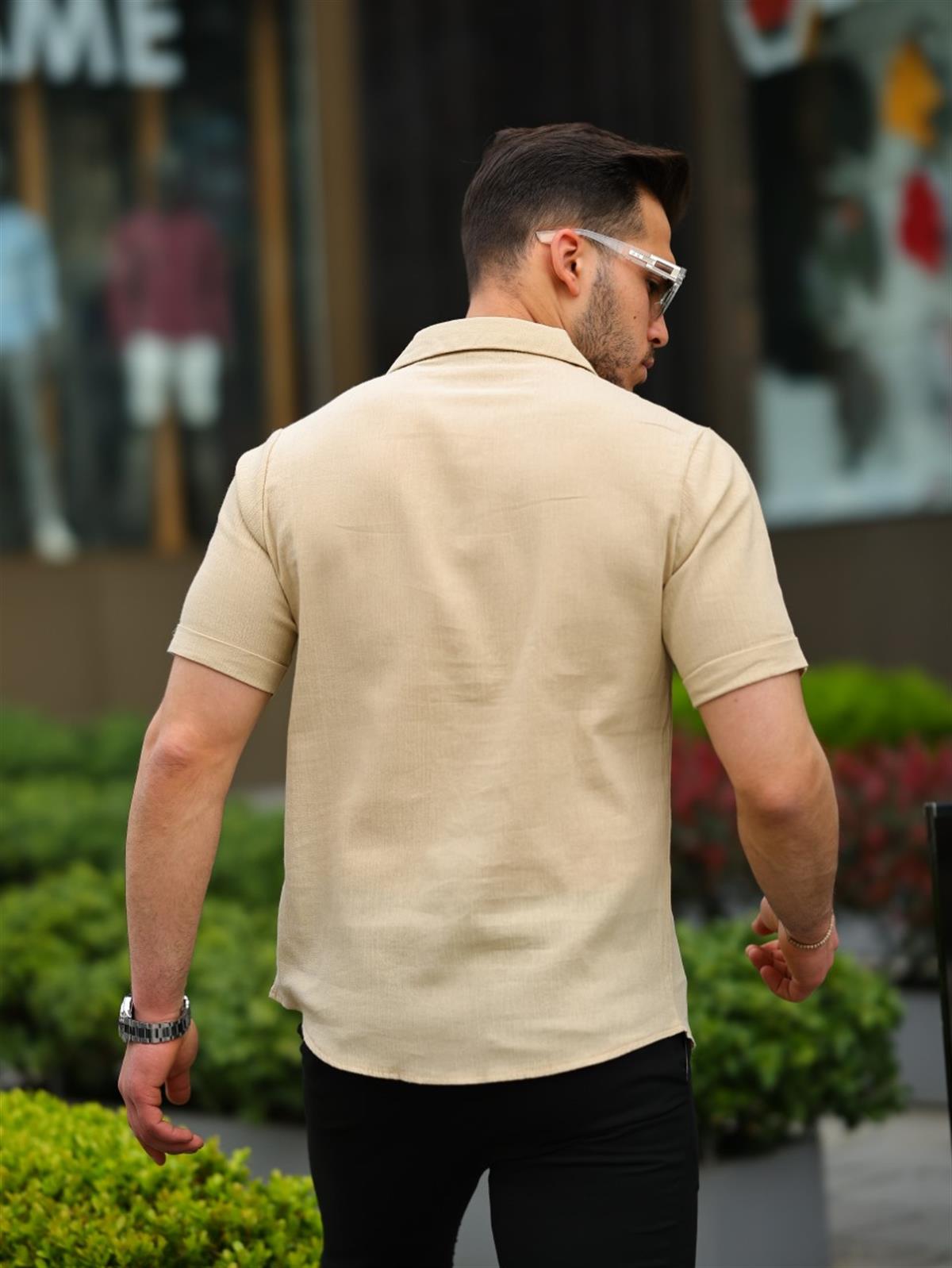Krem Renk Pamuk Keten Kısa Kol Gömlek