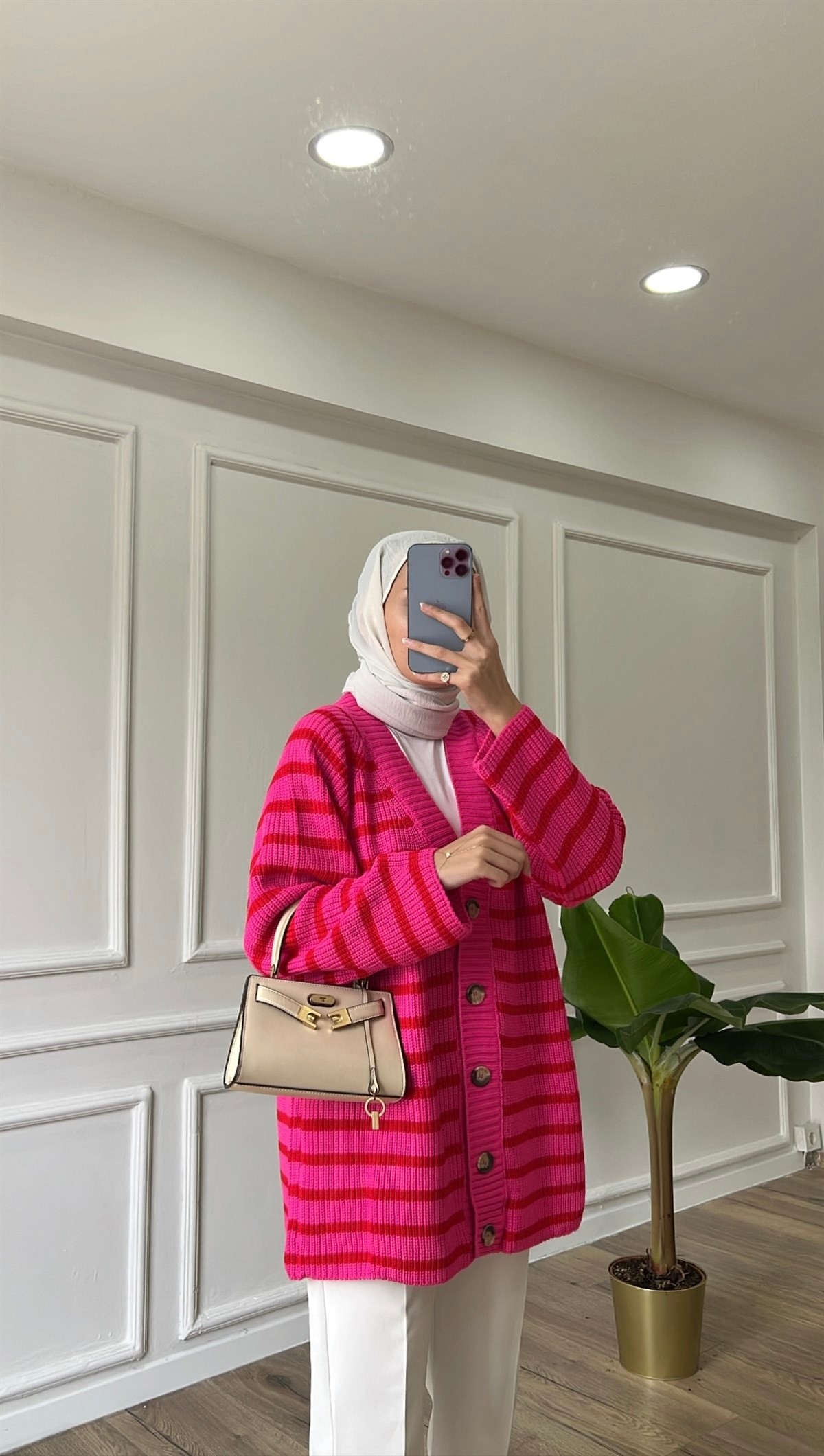  Çizgili Triko Hırka - Pembe - Kırmızı 