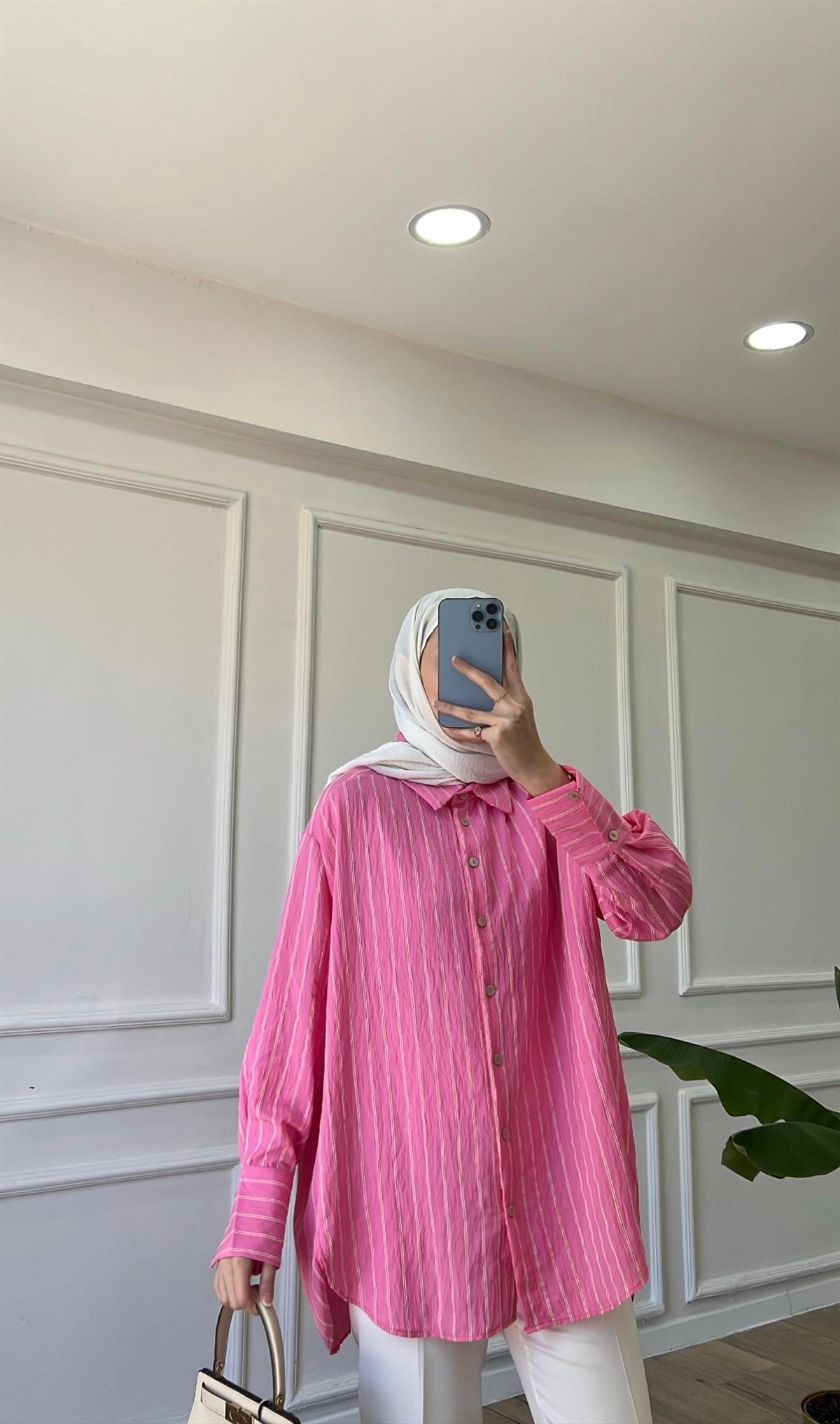  Ella Çizgili Gömlek - Pembe