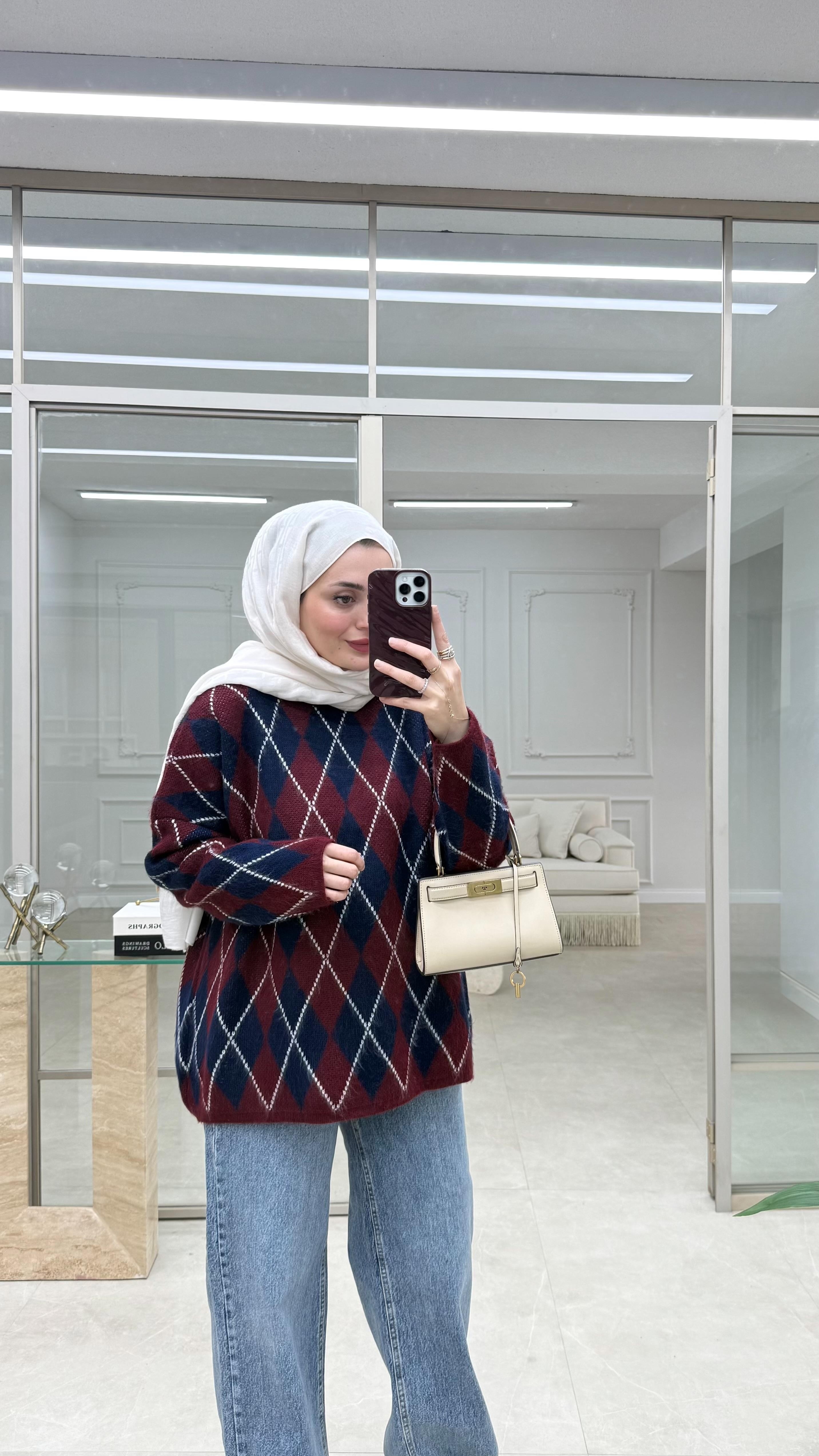 Baklava Desenli Triko Kazak Bordo