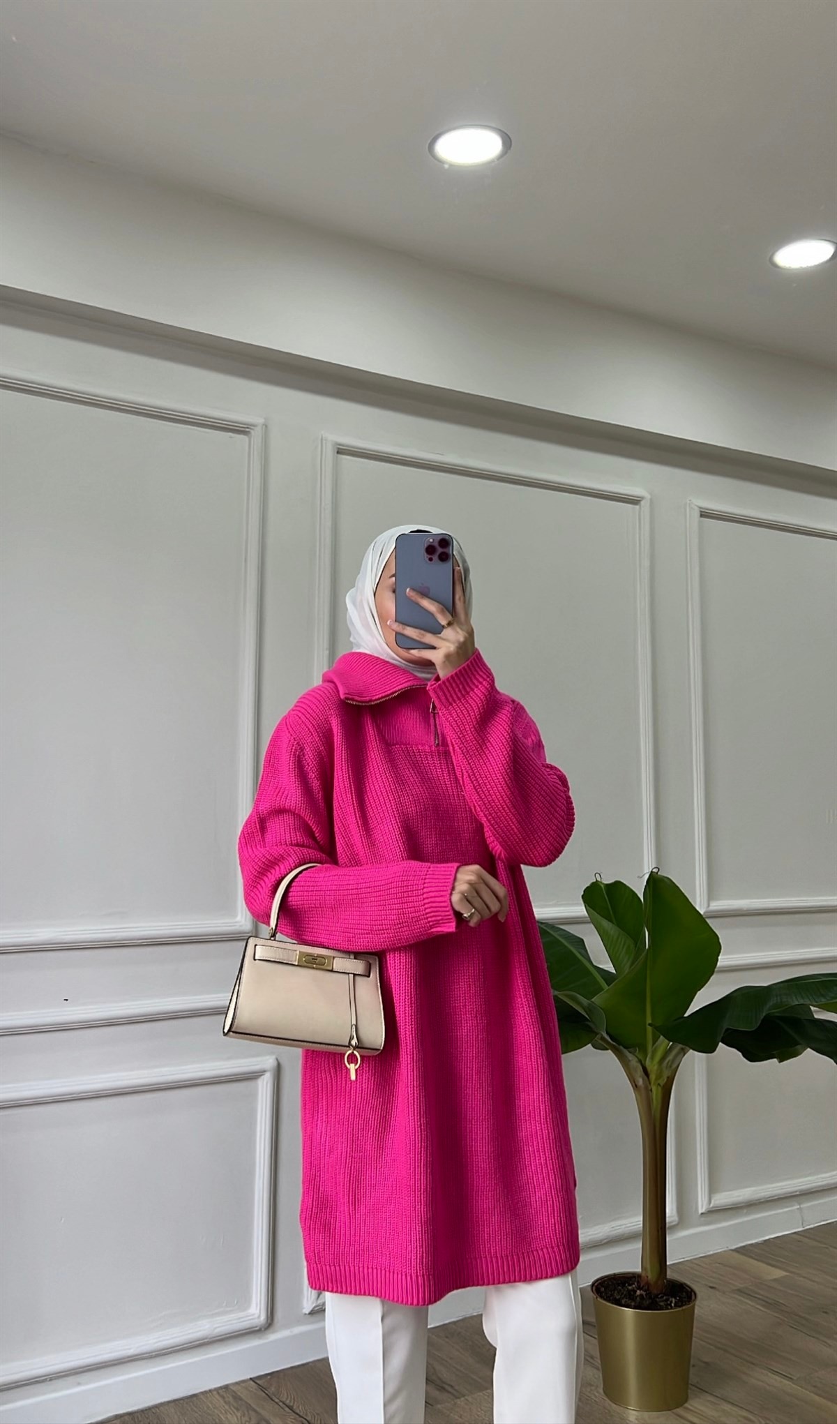 Balıkçı Yaka Fermuar Detaylı Kazak - Pembe 