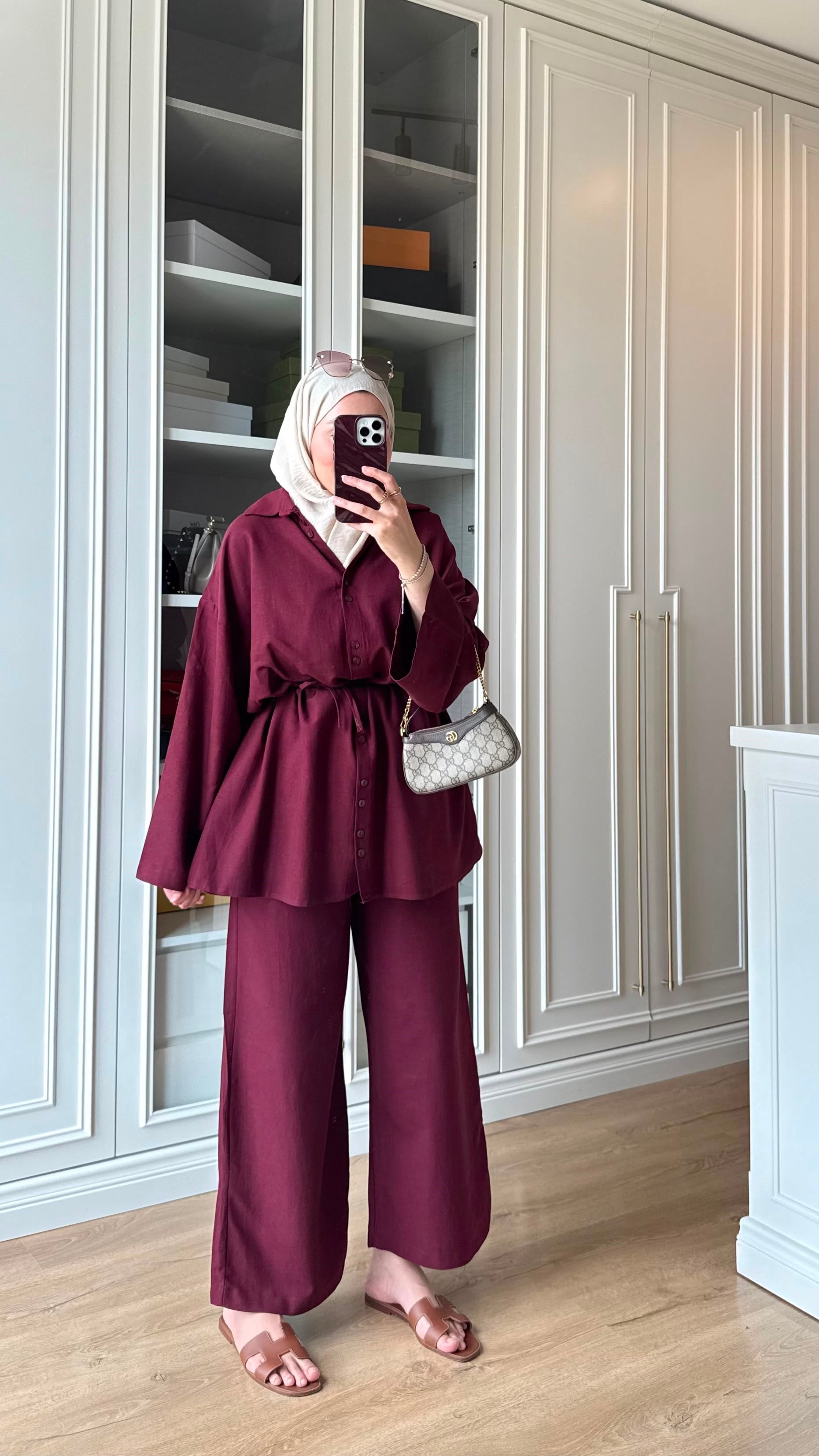 Çift Düğmeli Keten Takım Bordo