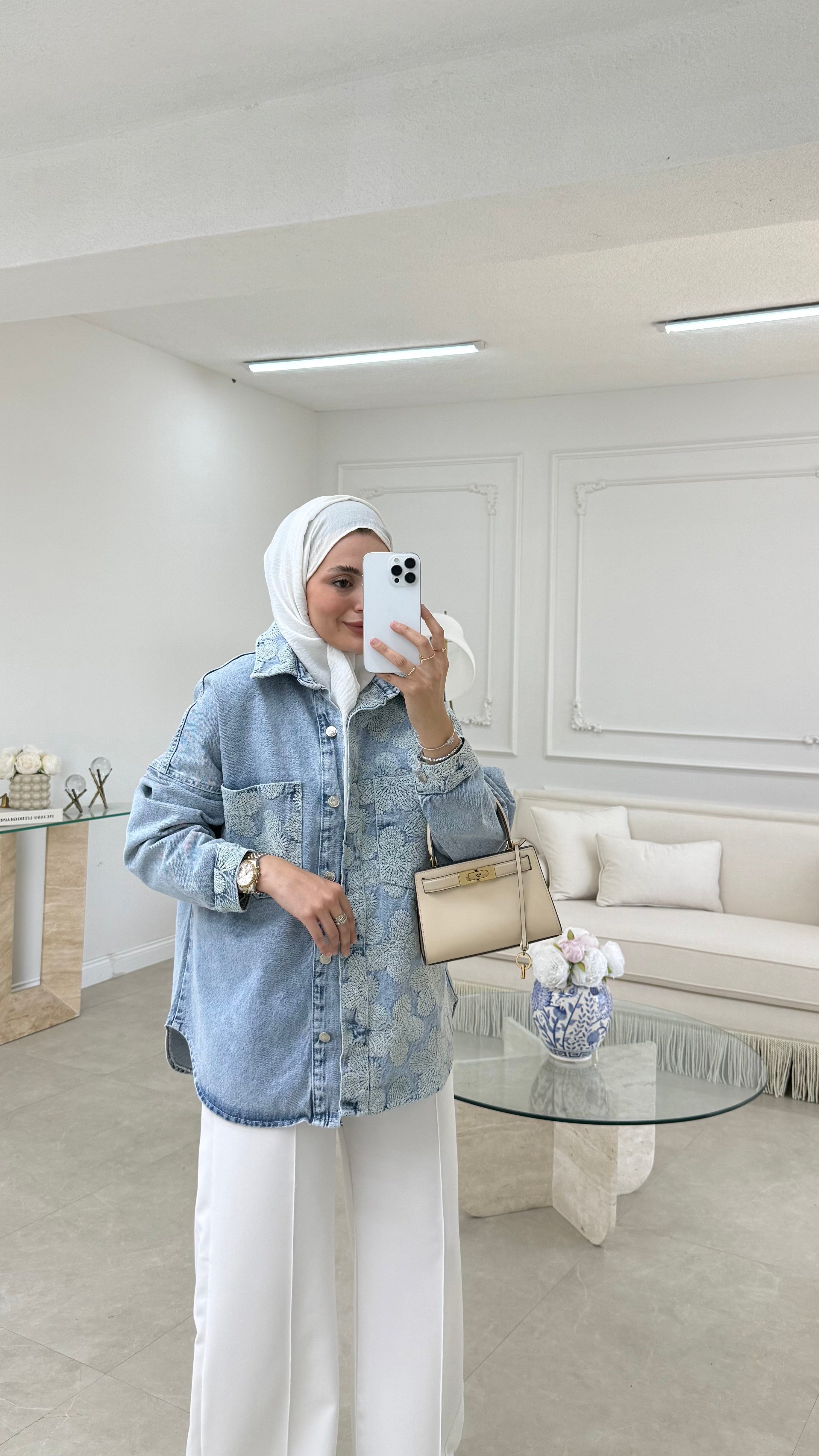 Desenli Denim Ceket Mavi