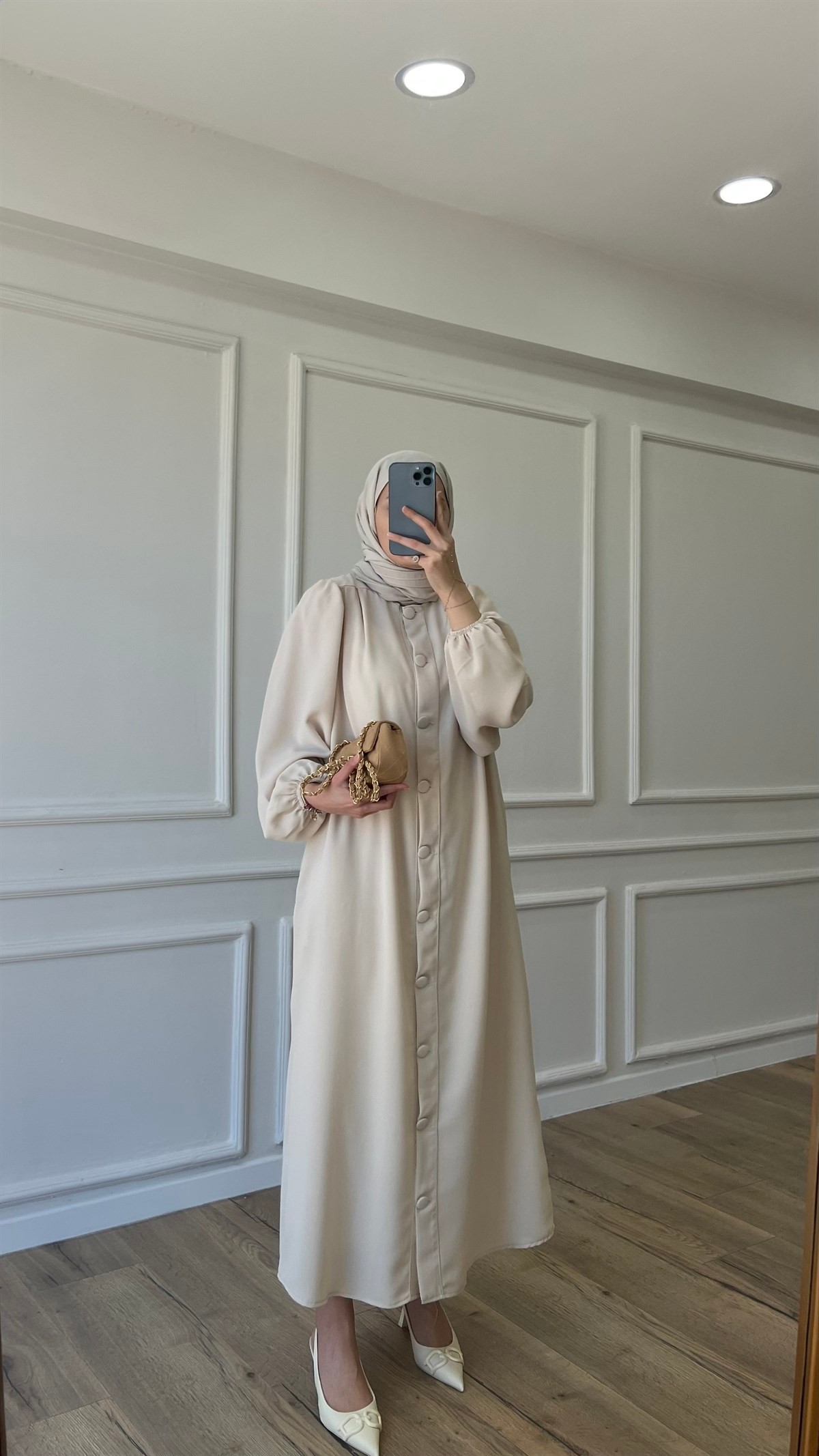 Düğmeli Elbise - Bej 