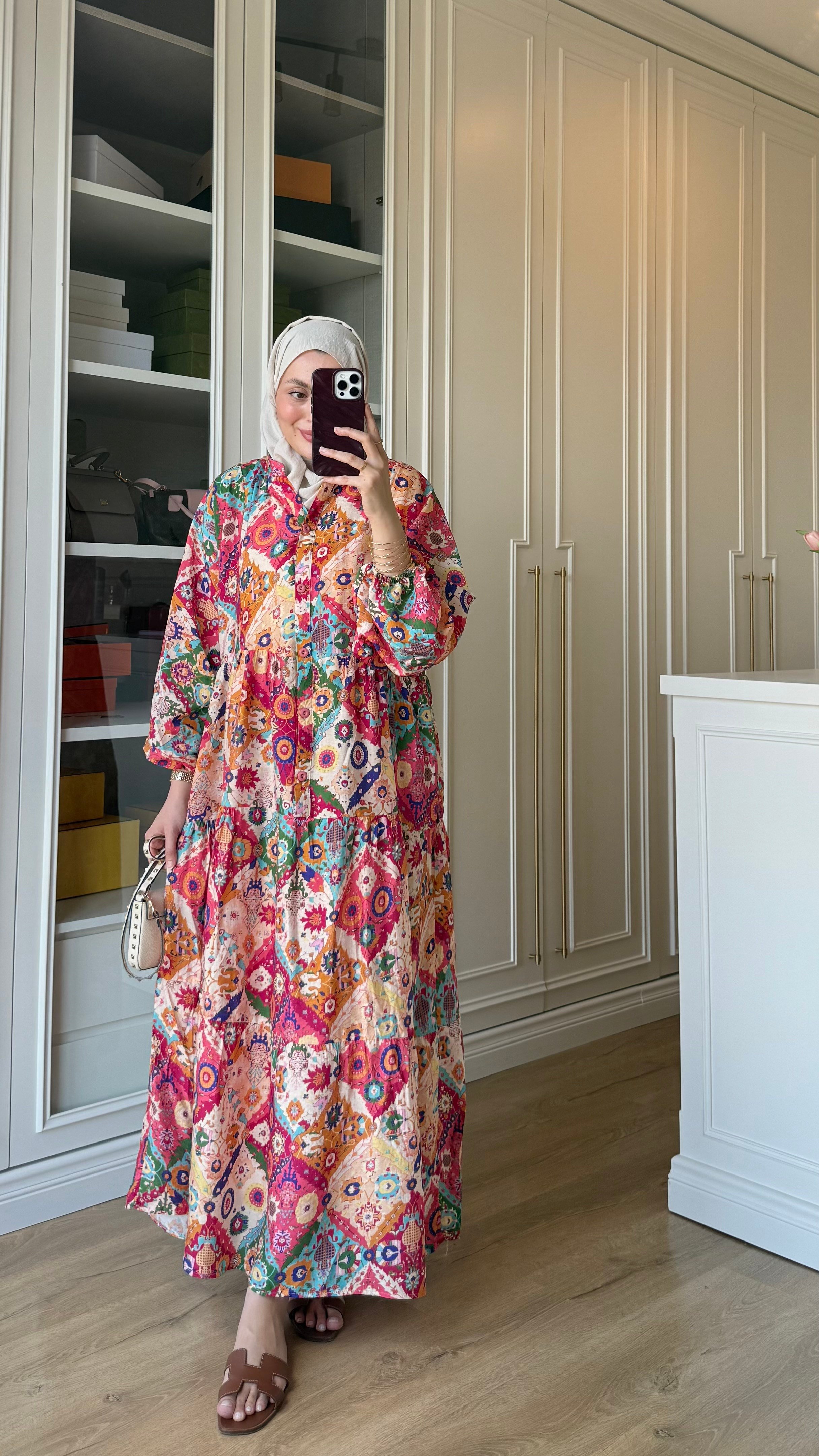 Etnik Desenli Elbise Pembe