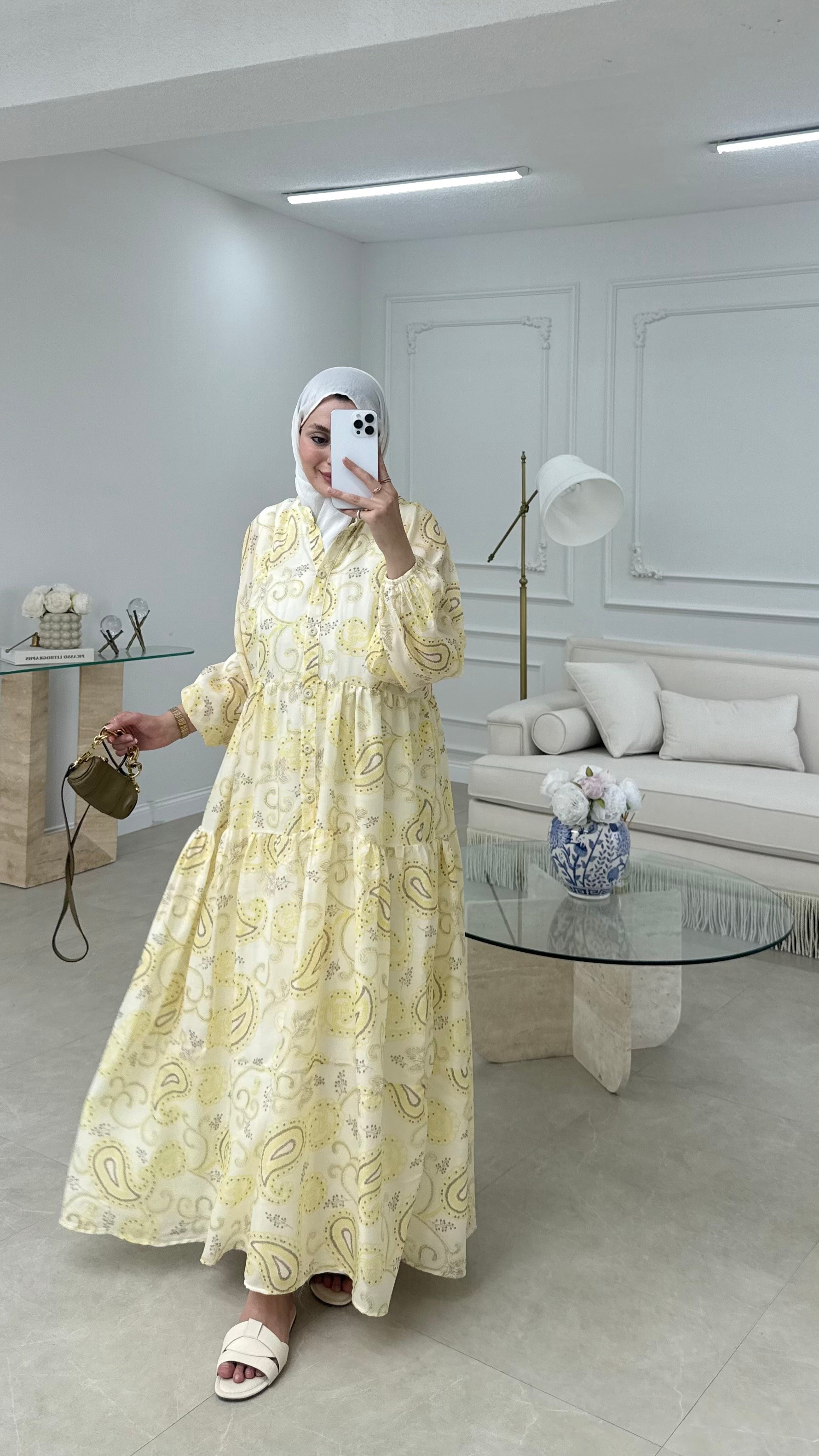 Etnik Desenli Vual Elbise Sarı