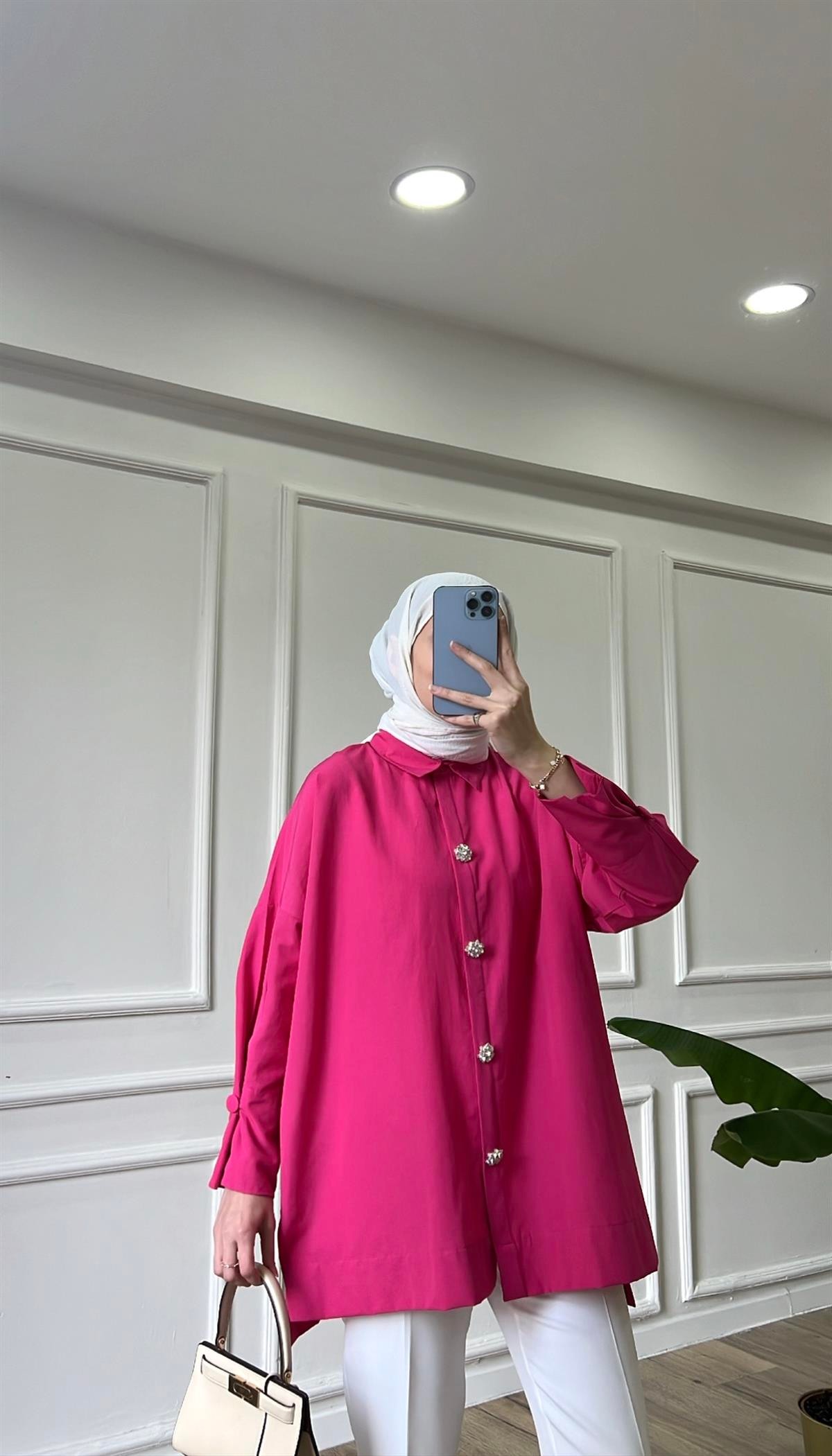 Fuşya - Poplin Taş Detaylı Gömlek