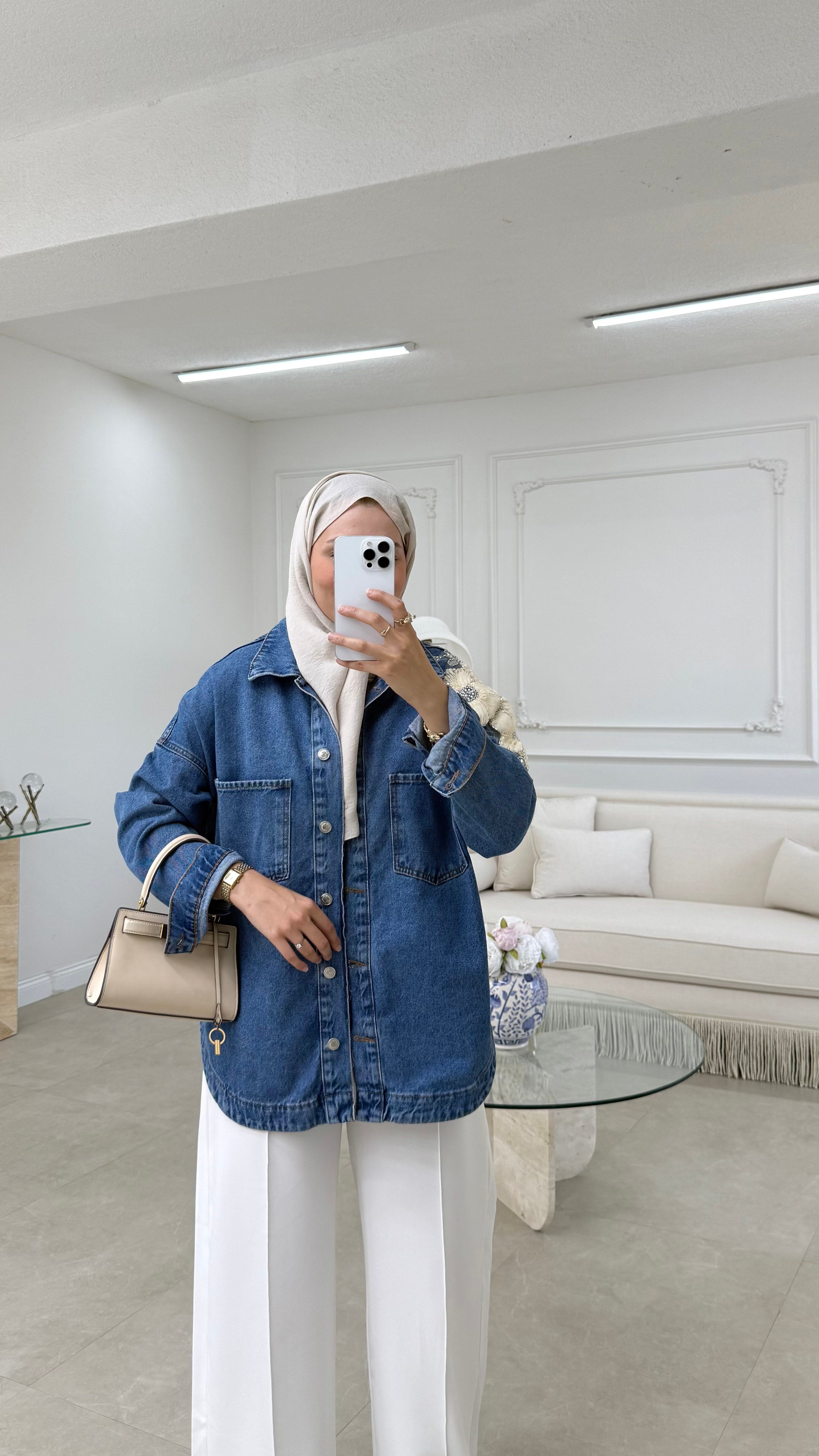 İşlemeli Denim Ceket Mavi