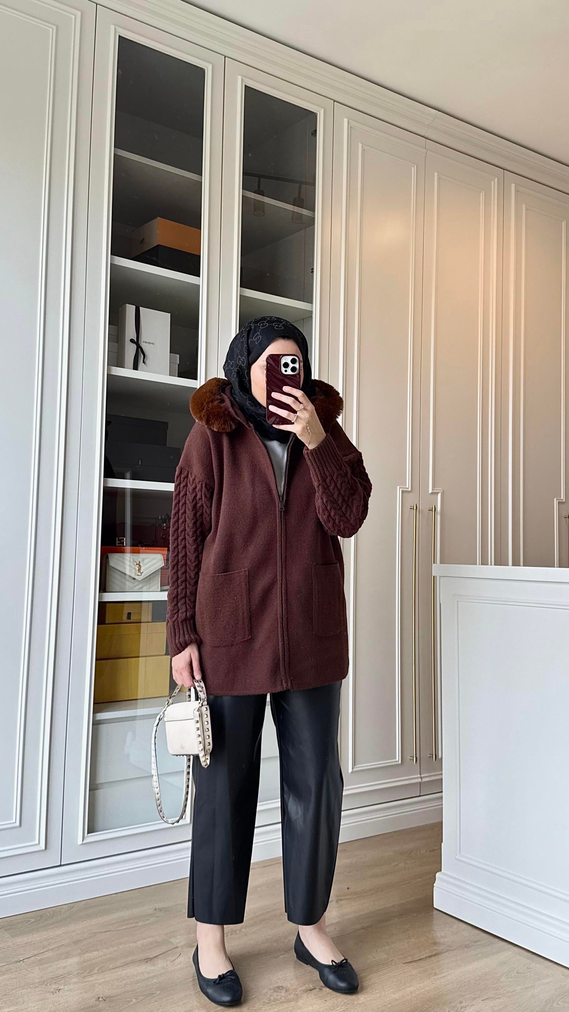 Kürklü Angora Hırka Acı Kahve 