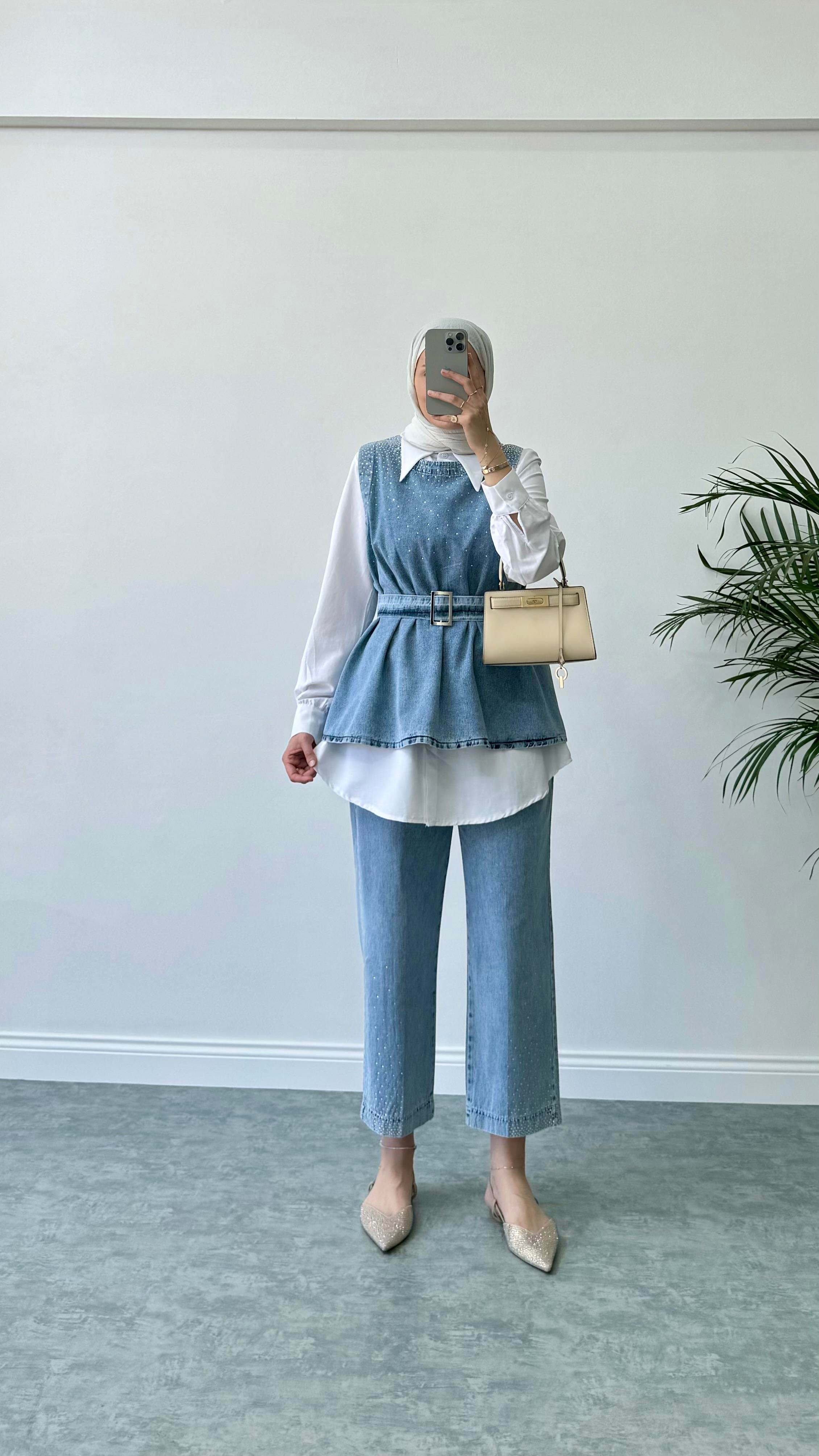 Parıltılı Üçlü Denim Takım Mavi