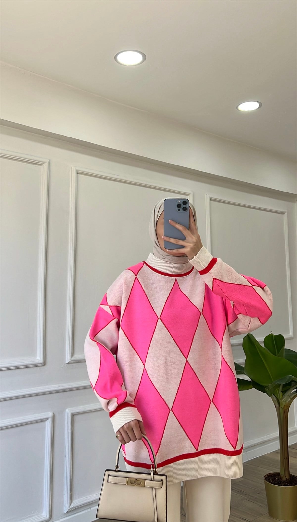 Pembe - Baklava Desenli Kazak