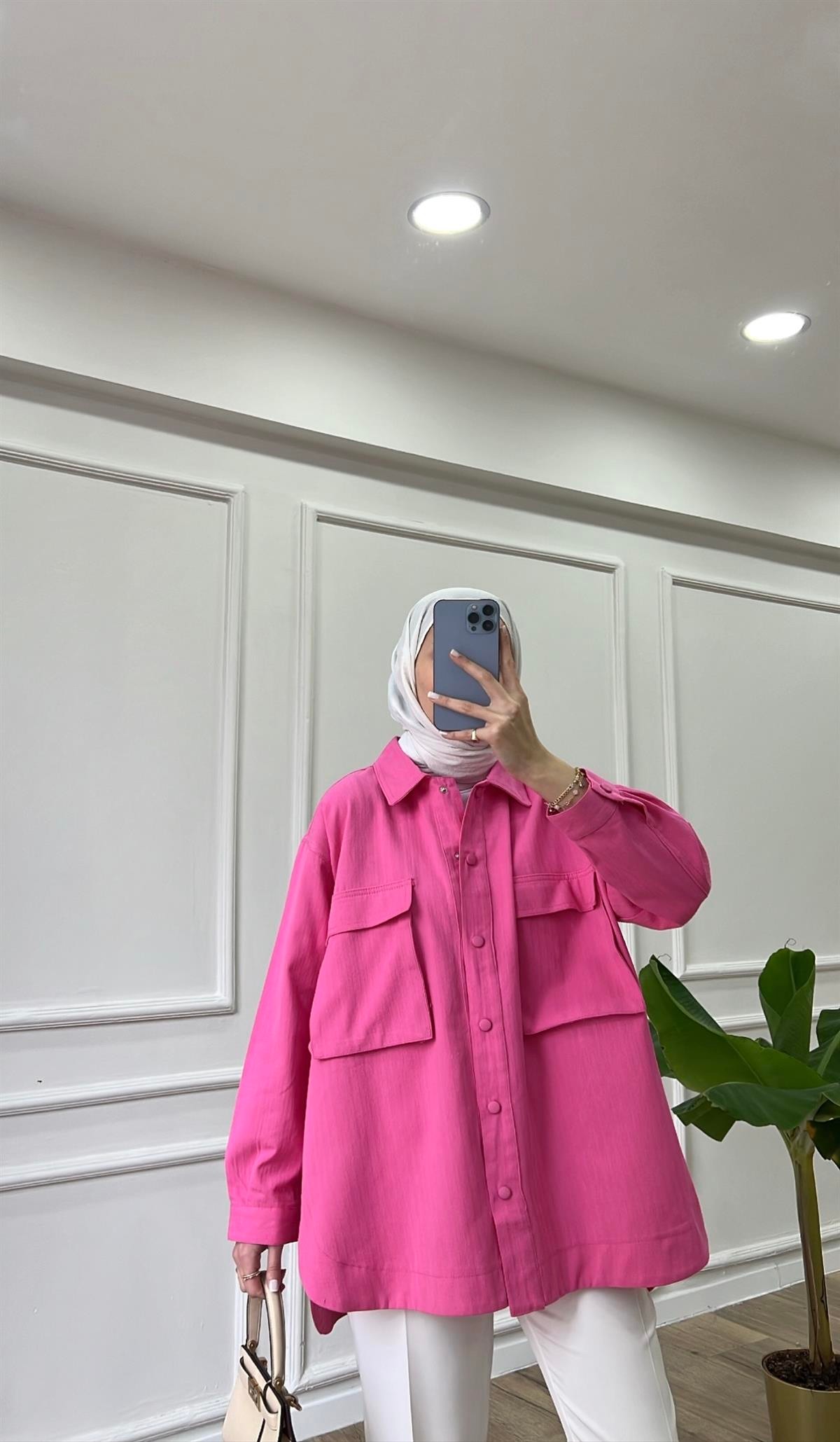 Pembe - Keten Büyük Cepli Ceket 