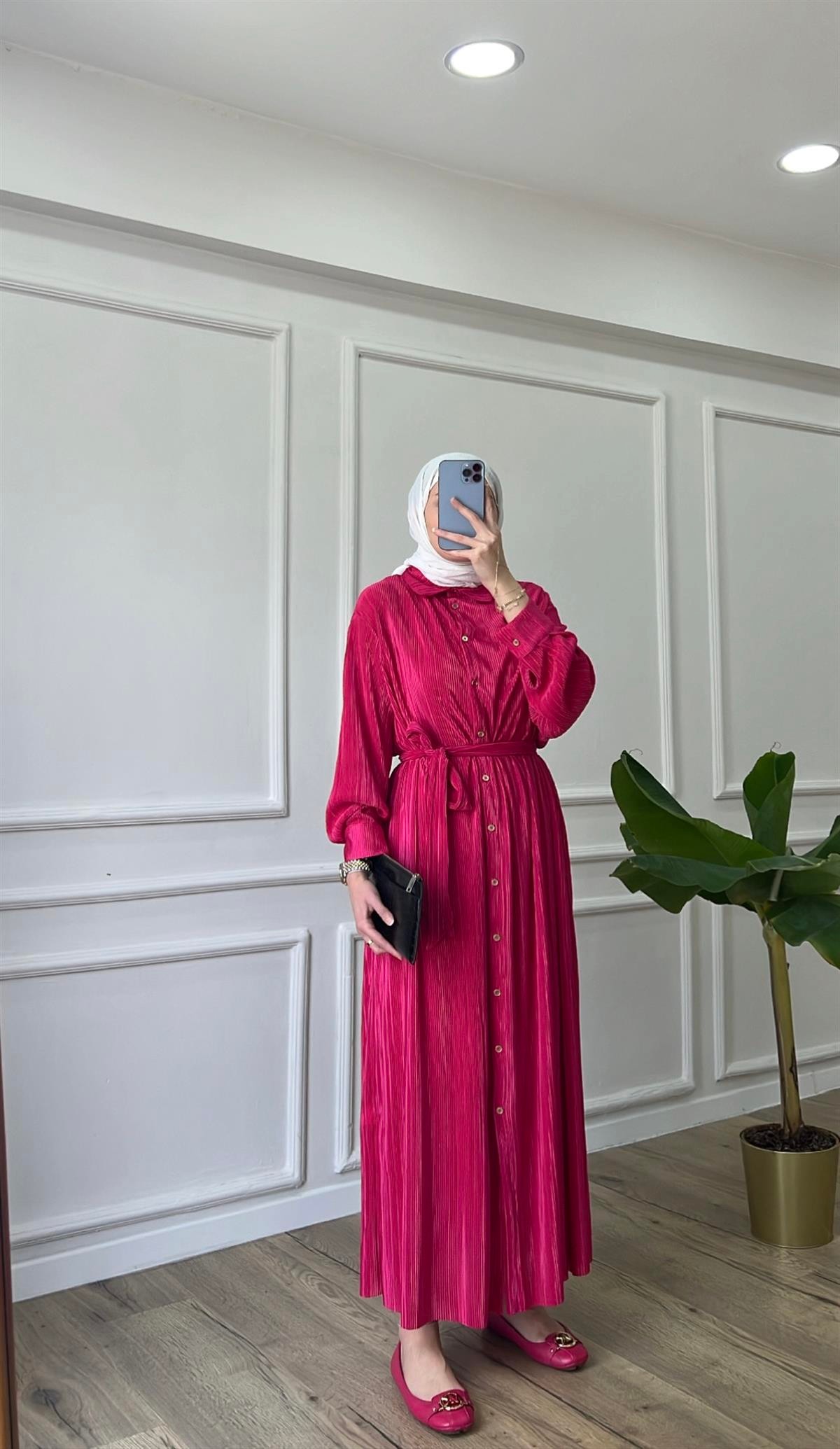 Pembe - Piliseli Kemerli Elbise