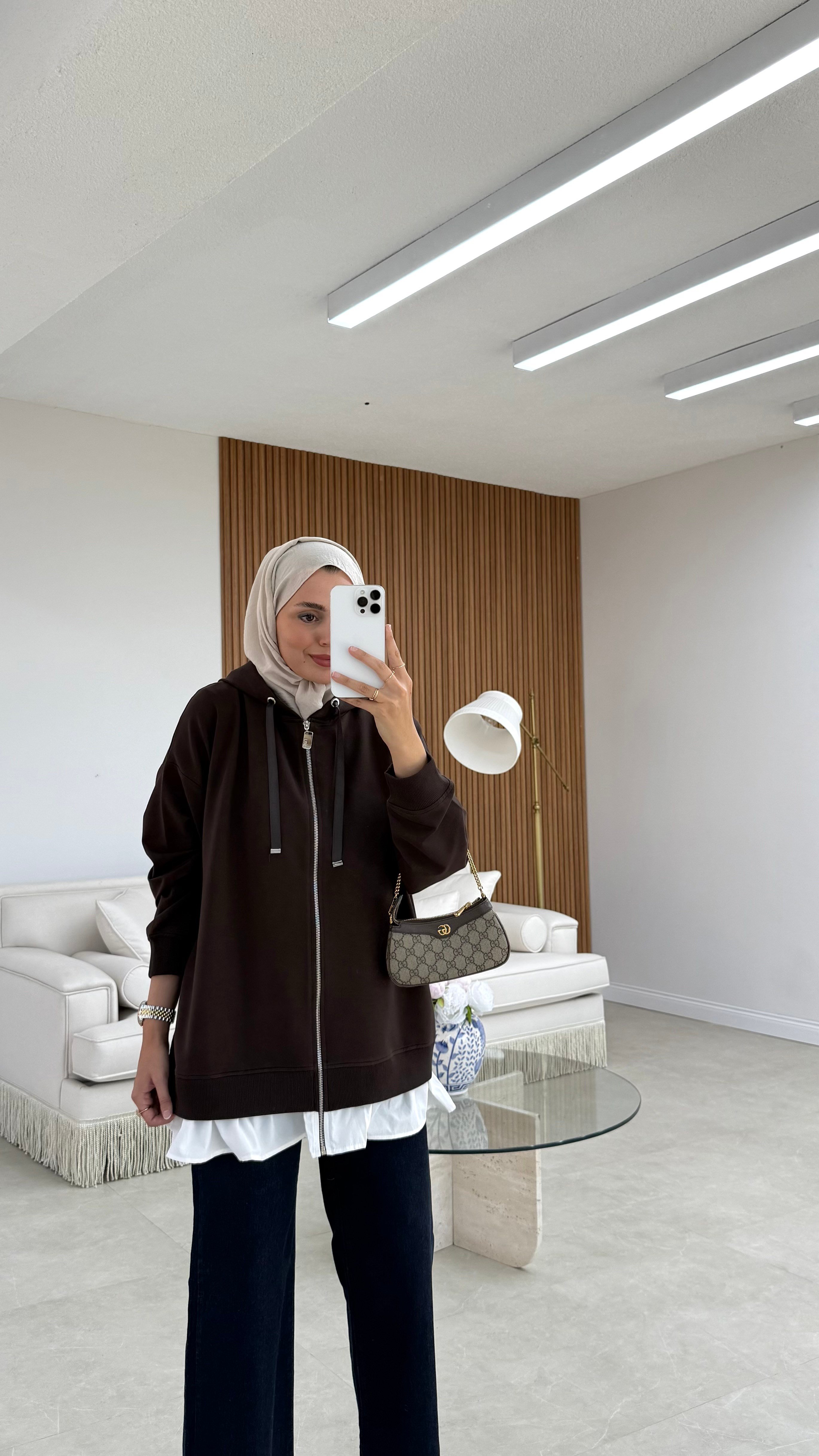 Poplin Detaylı Hırka Acı Kahve