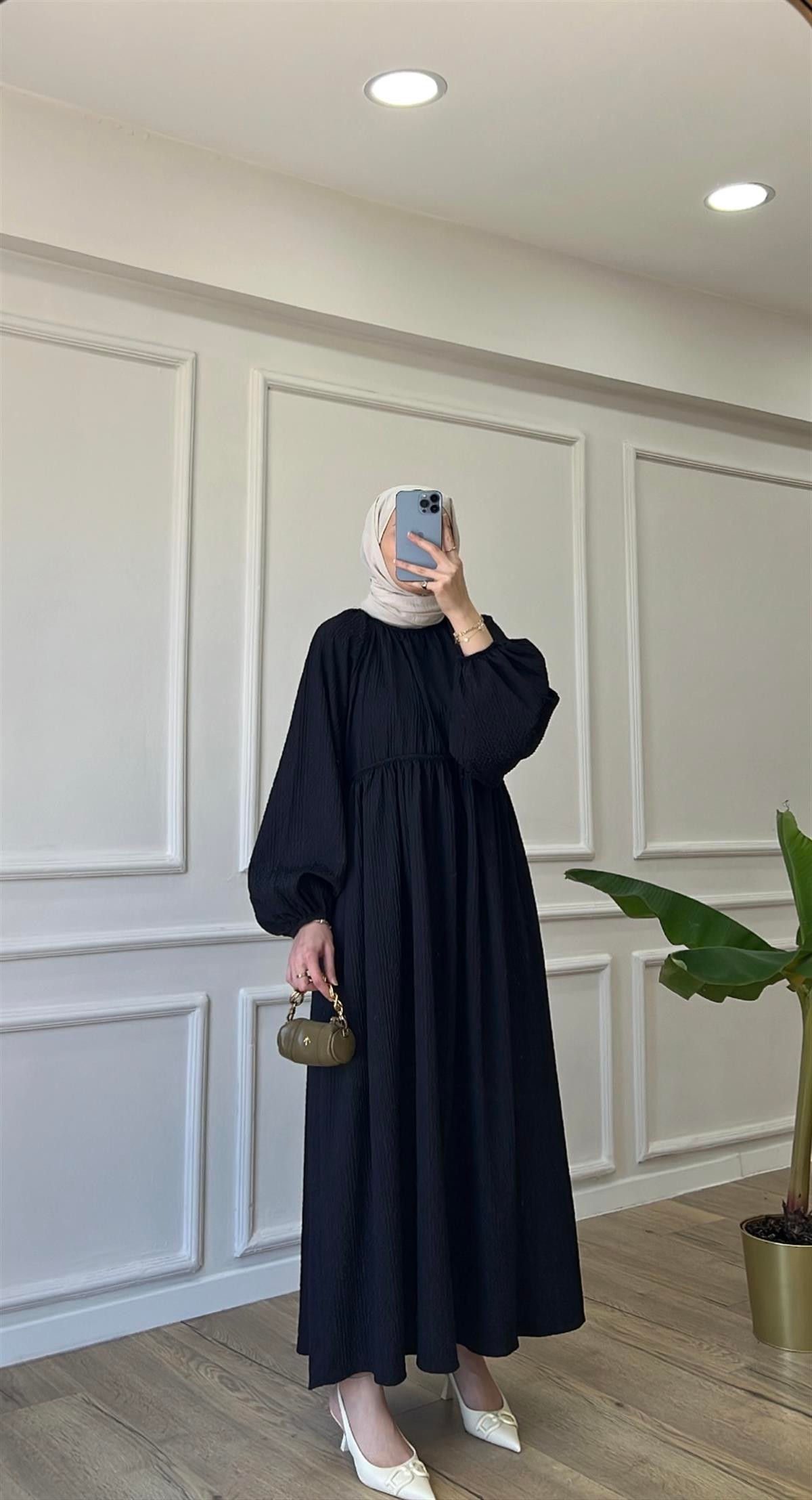 Siyah - Oversize Bisiklet Yaka Elbise