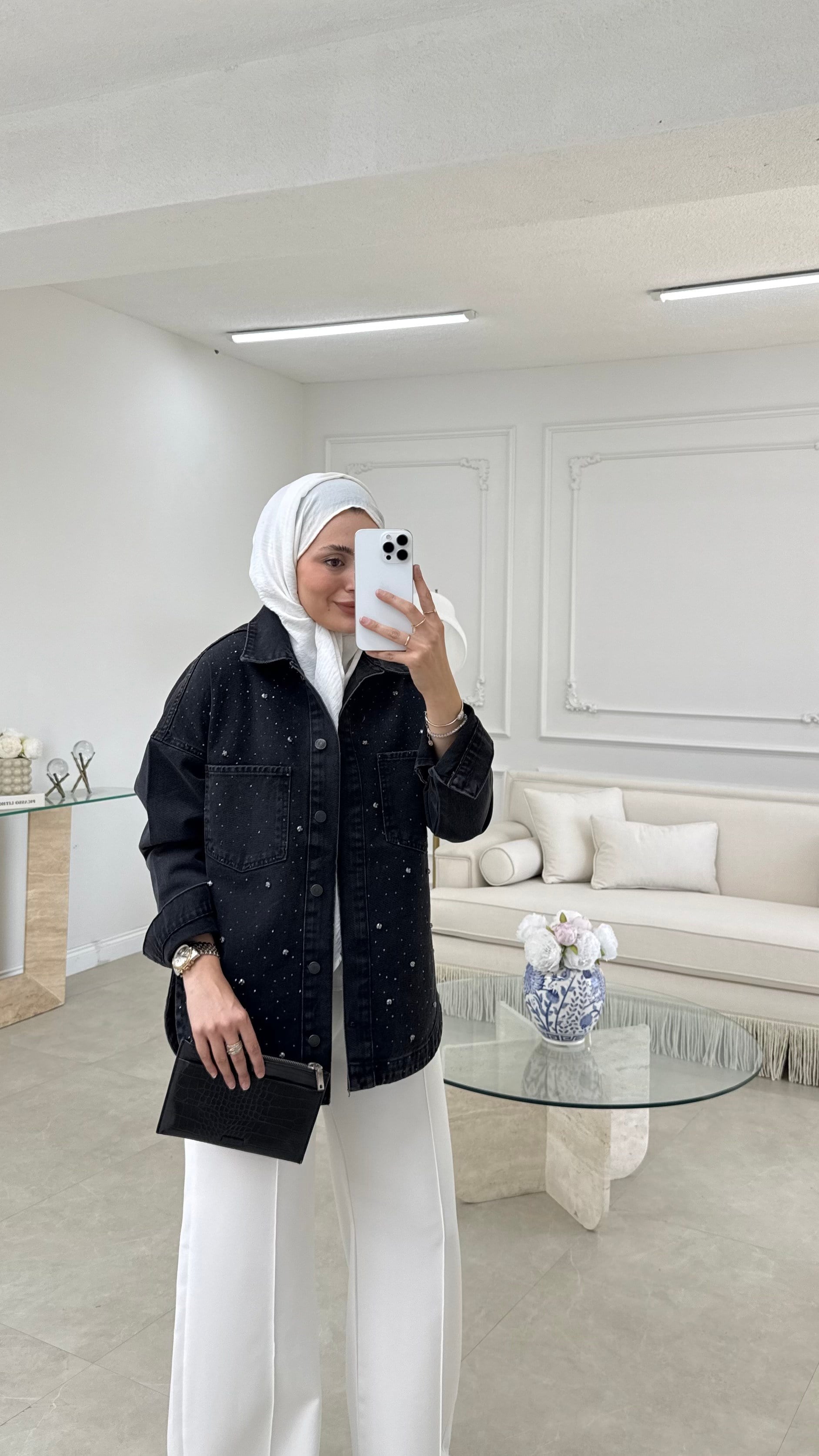 Taş Detaylı Denim Ceket Siyah