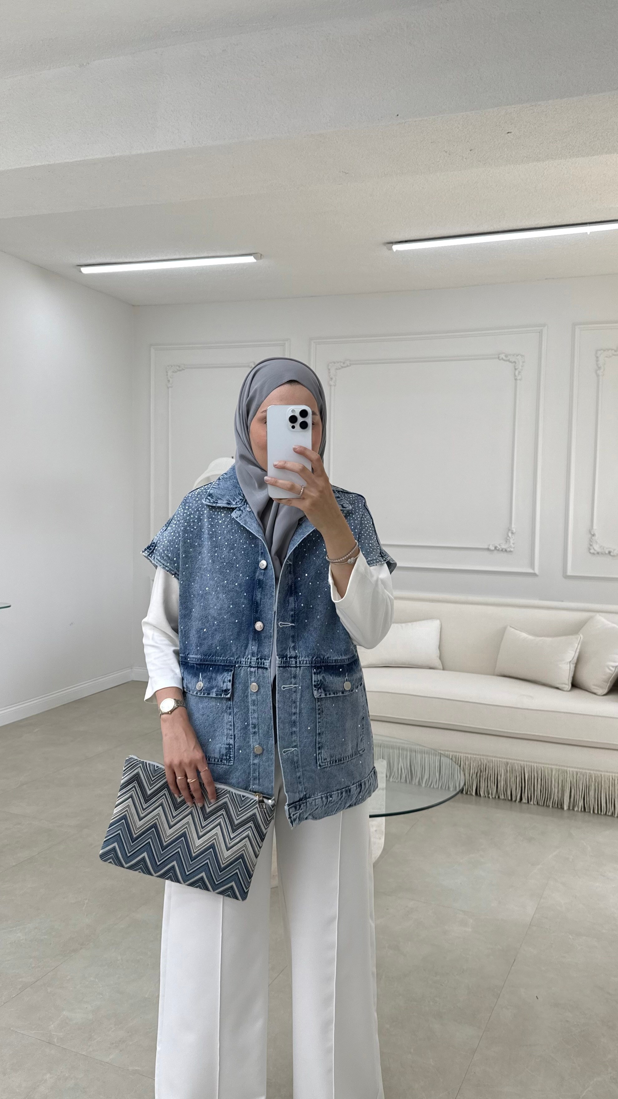 Taşlı Denim Yelek Mavi