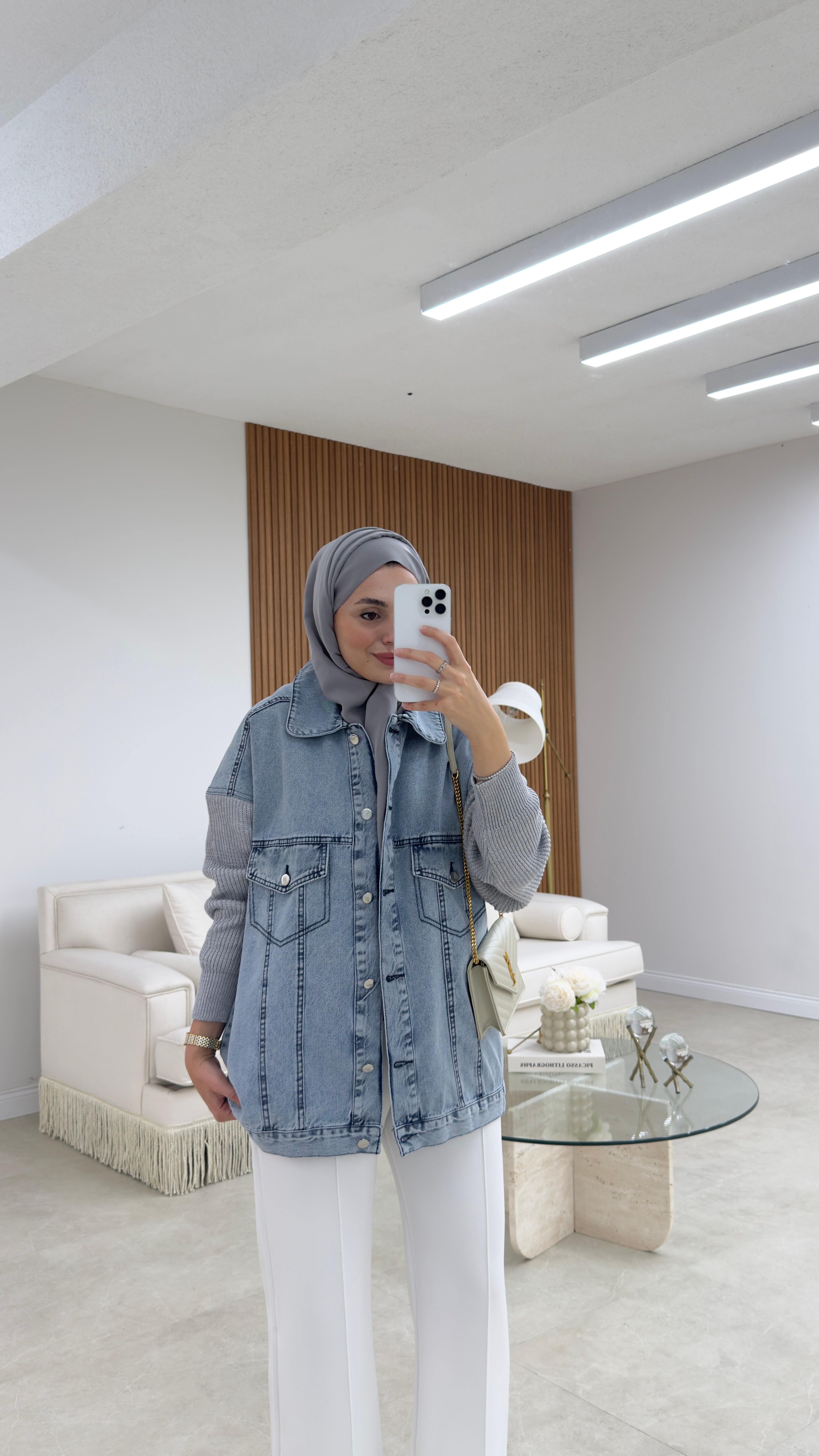 Triko Detaylı Denim Ceket Mavi