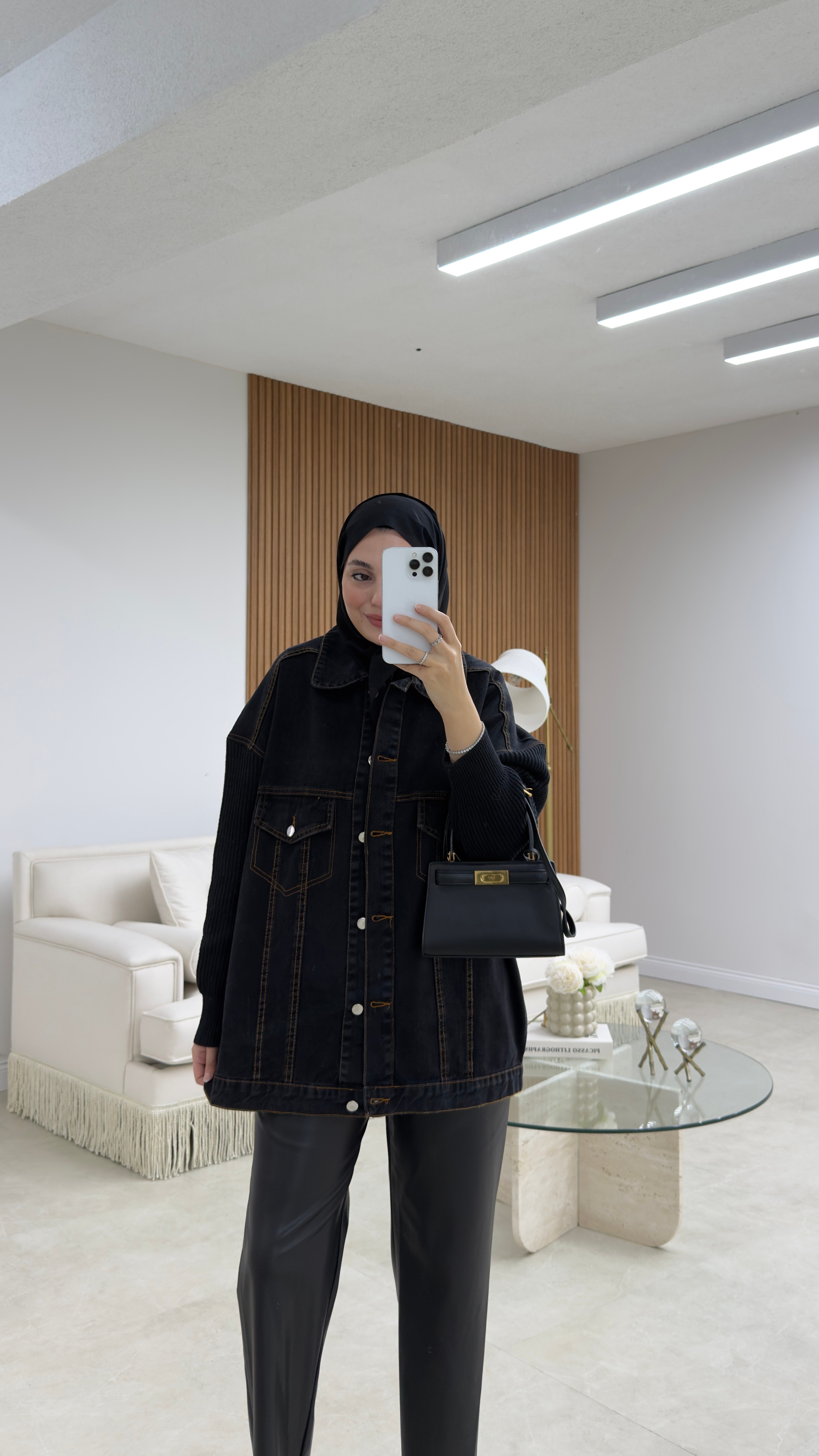 Triko Detaylı Denim Ceket Siyah