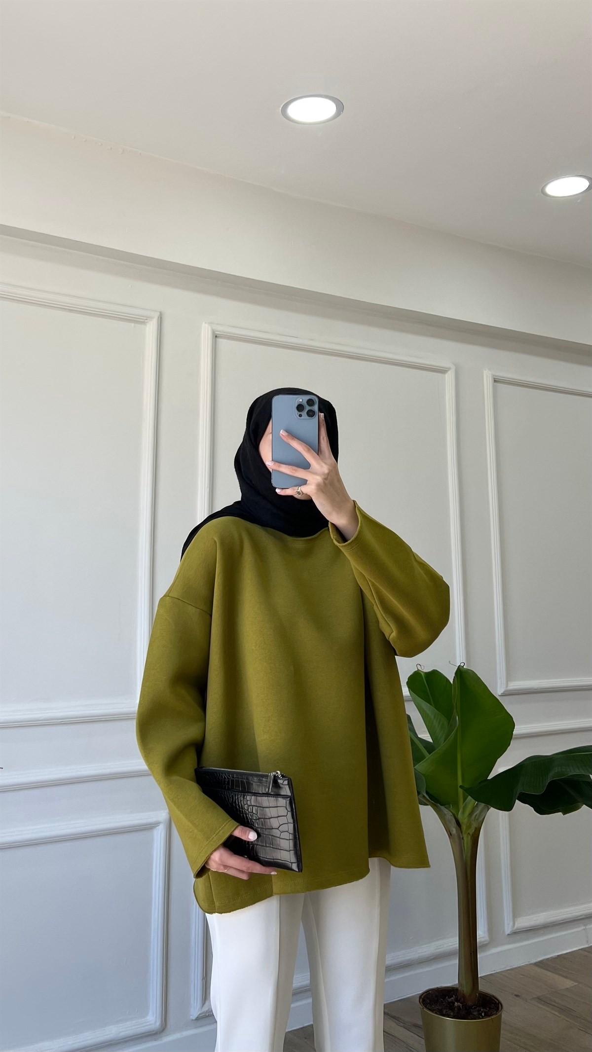Yağ Yeşili Basic Bisiklet Yaka Sweatshirt 