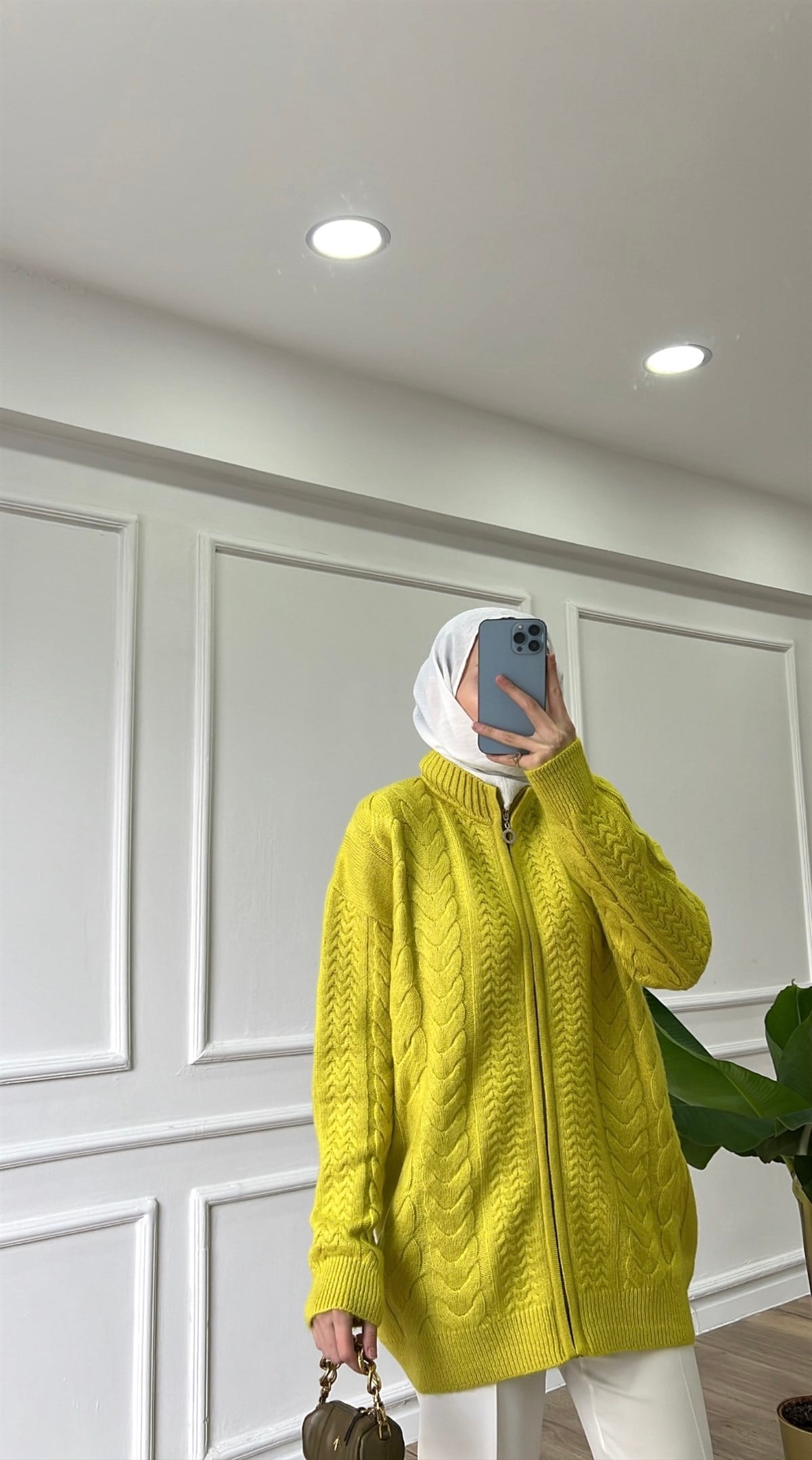 Yağ Yeşili - Örgülü Hırka