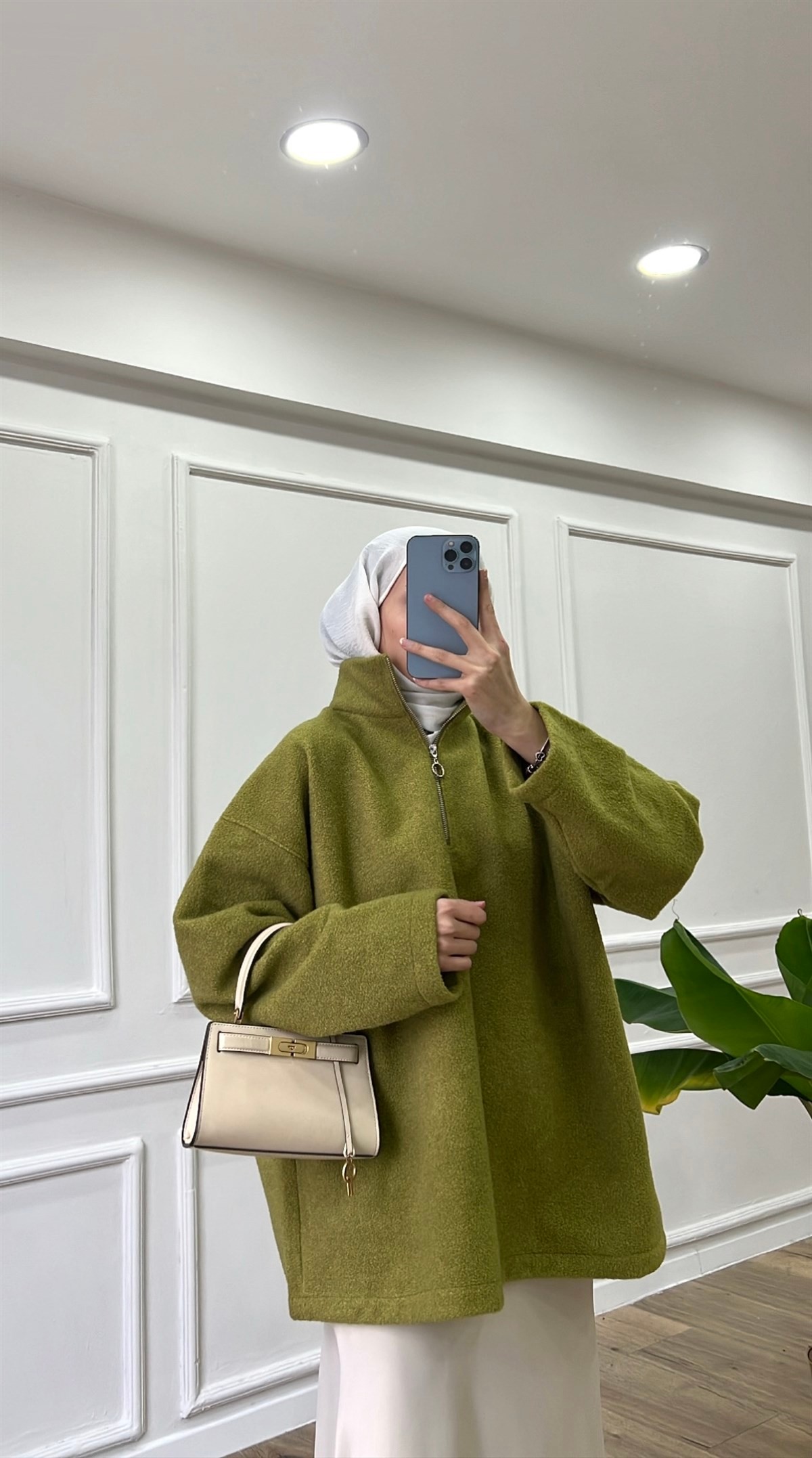 Yağ Yeşili Polarlı Sweatshirt