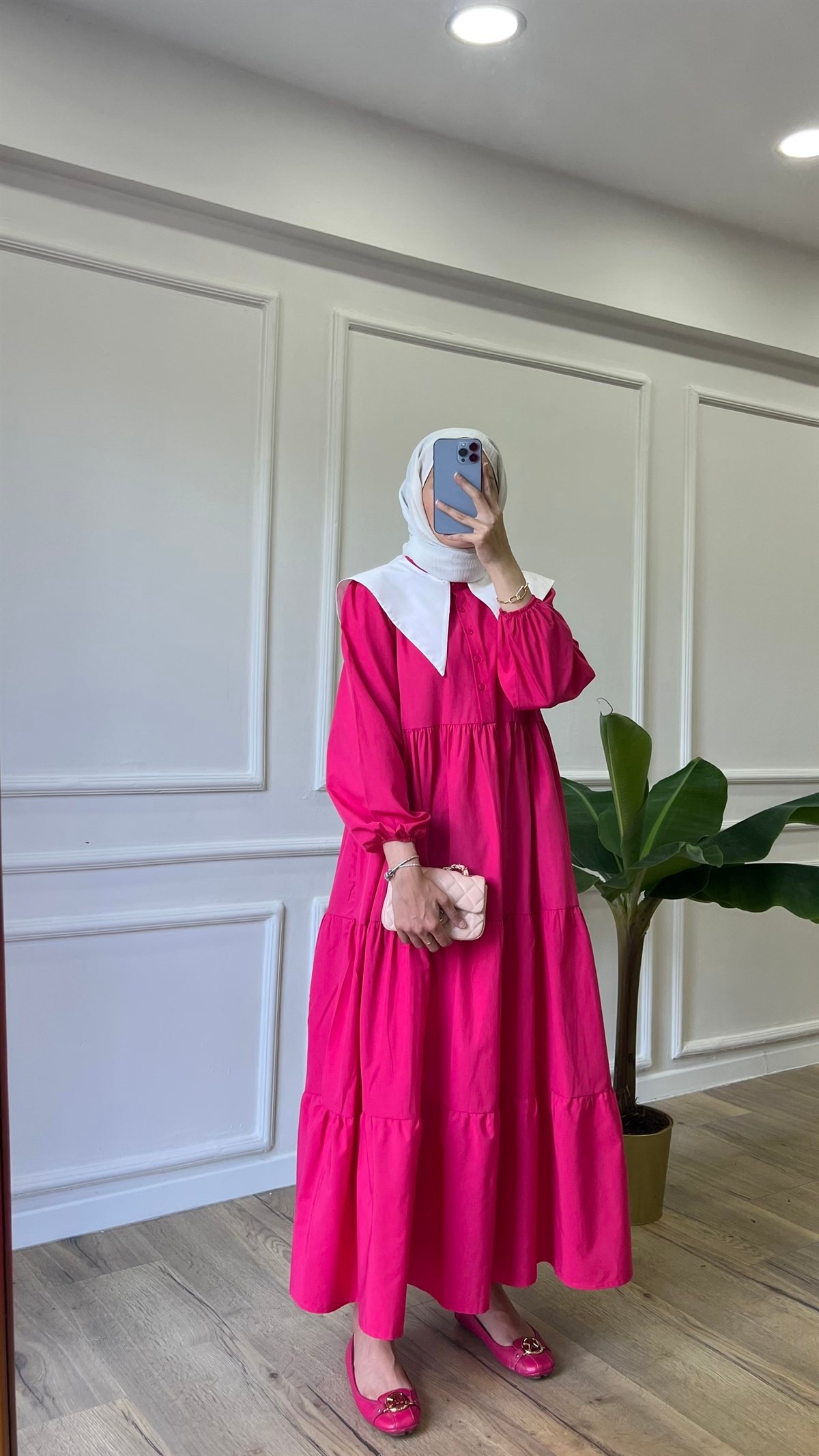 Yaka Detaylı Kat Elbise - Pembe