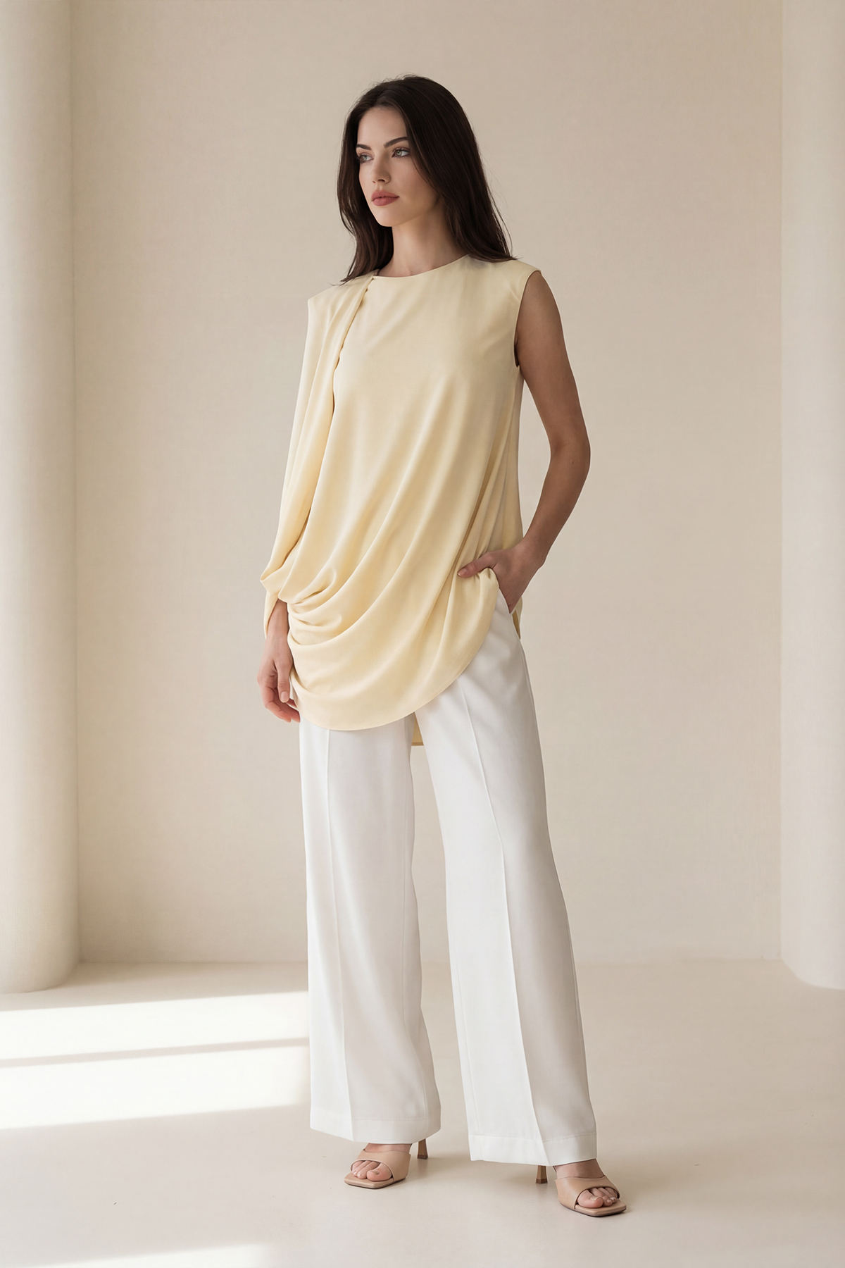 Krem Omuz Ve Drape Detaylı Kolsuz Rahat Kesim Bluz