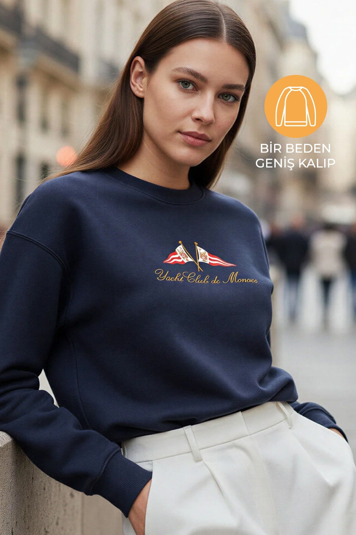 Lacivert Amia&Co Marka Bisiklet Yaka Şardonlu Baskılı Oversize Sweatshirt