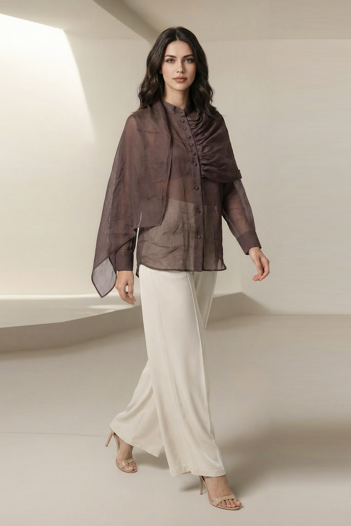 Kahve %100 Keten Drape Detaylı Kumaş Detaylı Uzun Kollu Rahat Kesim Gömlek