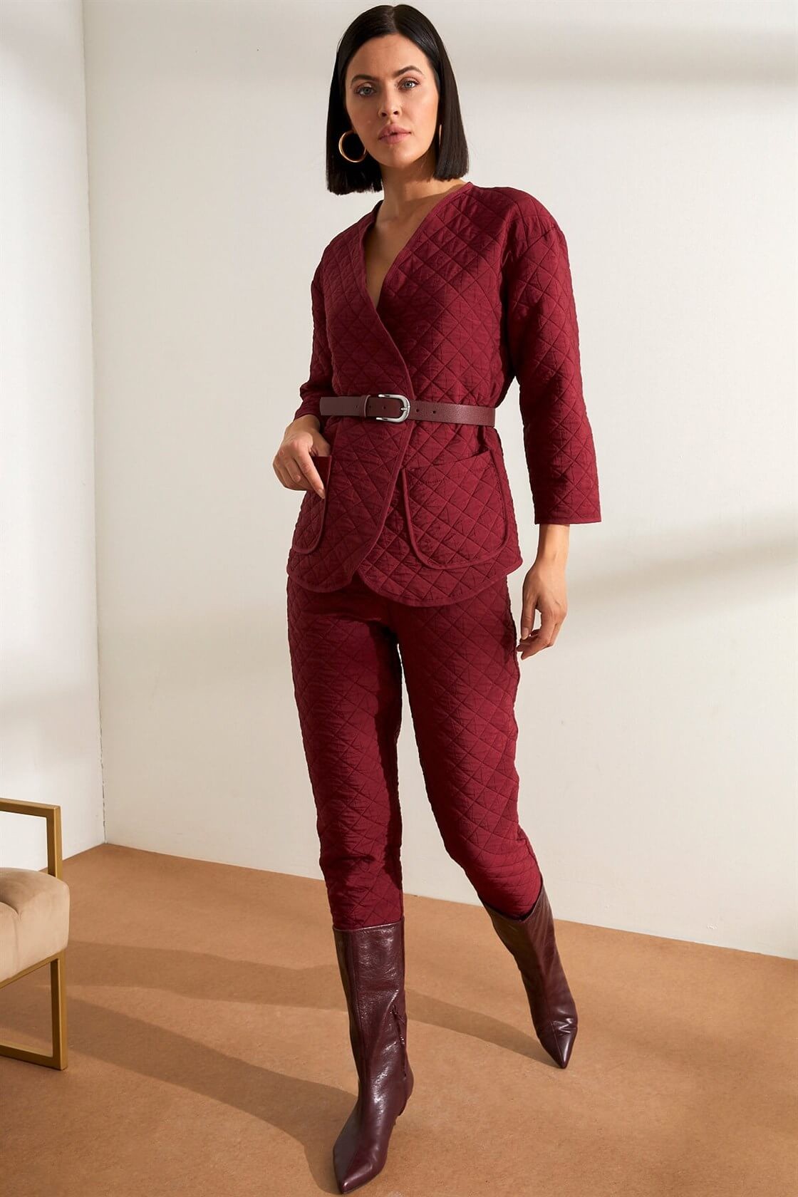 Bordo Kemerli Cepli Kruvaze Kapama CeketST050W9018901