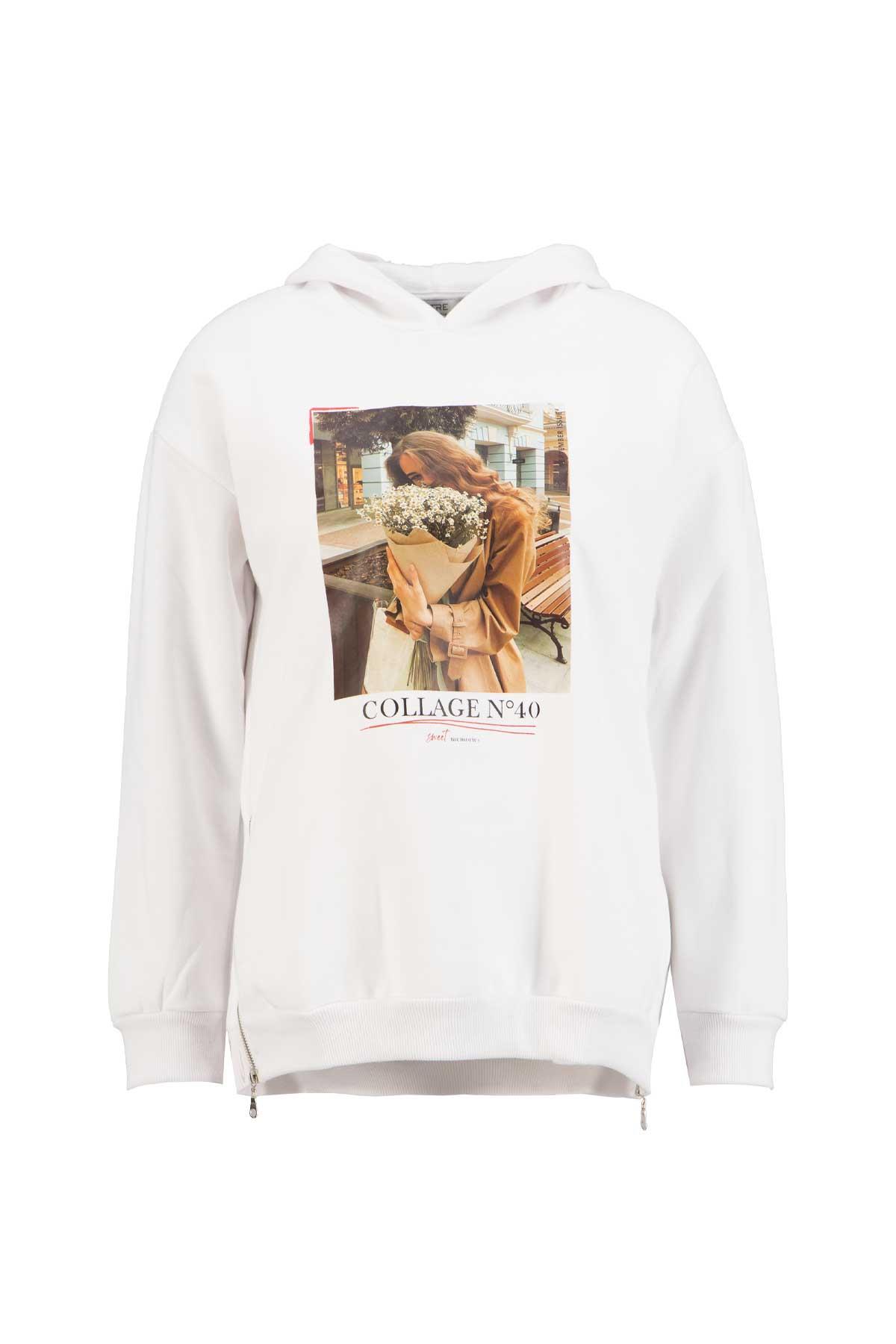Ekru Kapüşonlu Baskılı Sweatshirt Kadın Sweatshirt modelleri