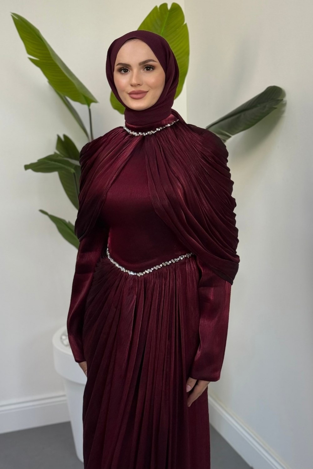 Alera Taşlı Pelerinli Jan Jan Abiye Bordo 