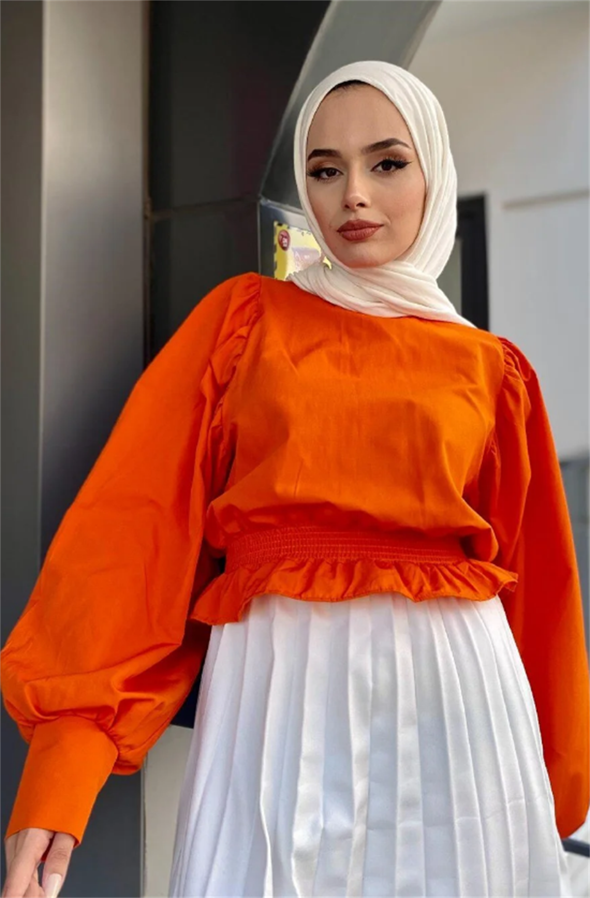Altı Lastikli Tesettür Bluz Turuncu