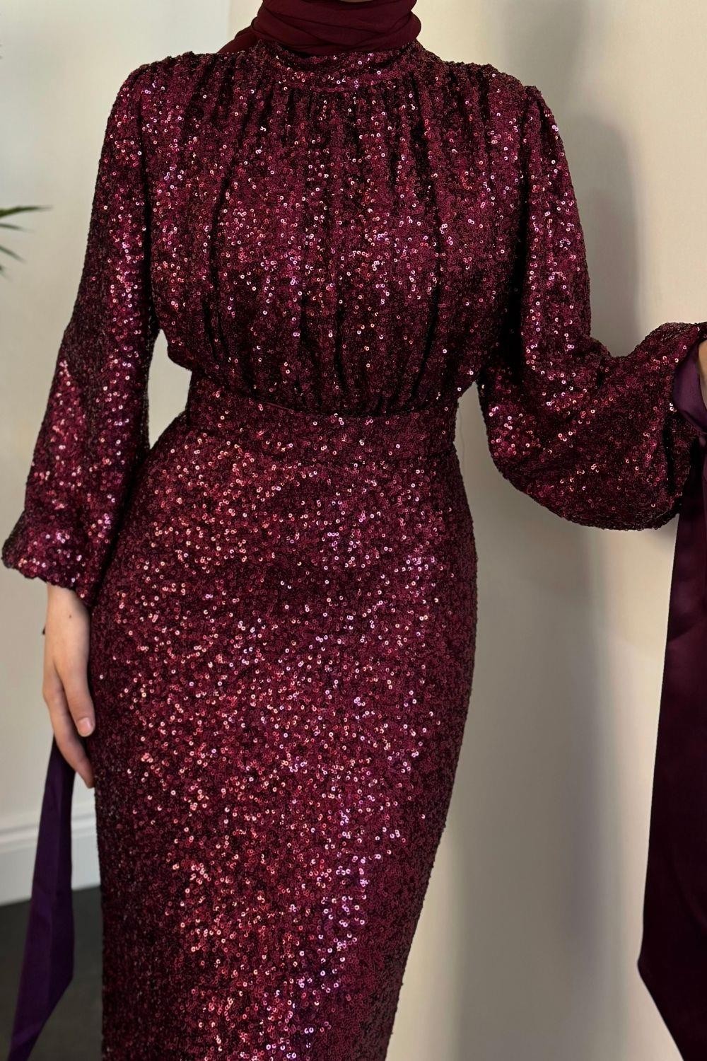 Angeline Drape Detay Pul Payet Abiye Vişne Çürüğü