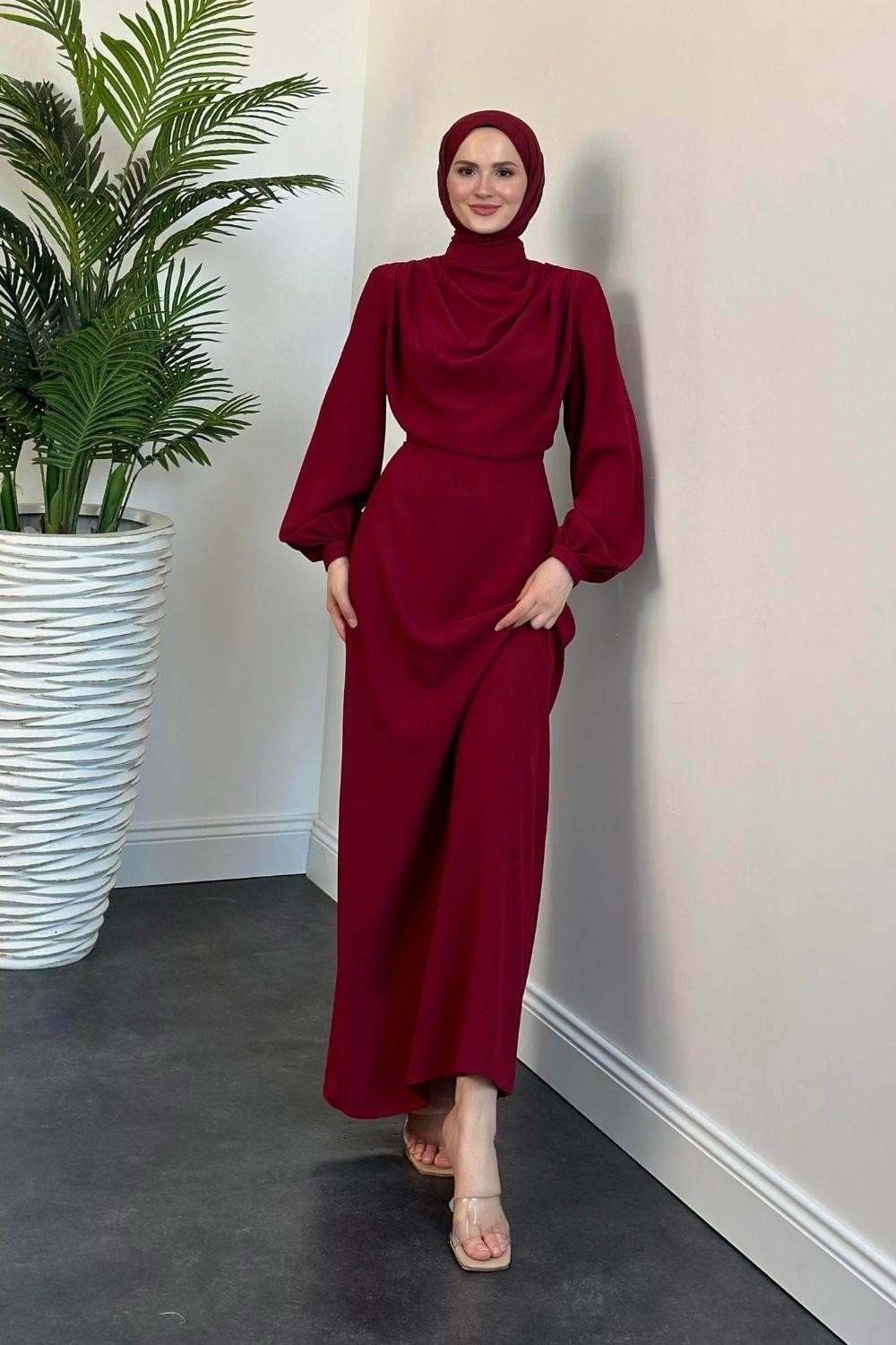Annalisa Drape Krep Abiye Bordo