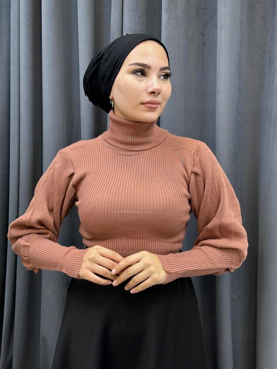 Balon Kol Balıkçı Triko Kazak GülKurusu