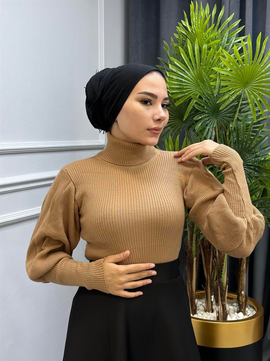 Balon Kol Balıkçı Triko Kazak SütlüKahve