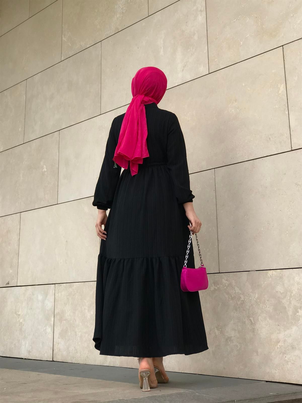 Beli Bağcıklı Gömlek Yaka Merven Elbise Siyah