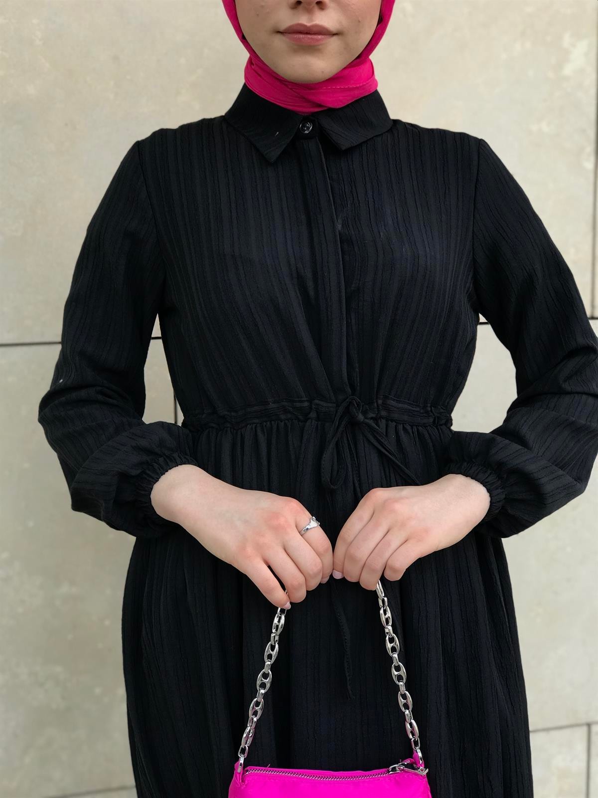 Beli Bağcıklı Gömlek Yaka Merven Elbise Siyah