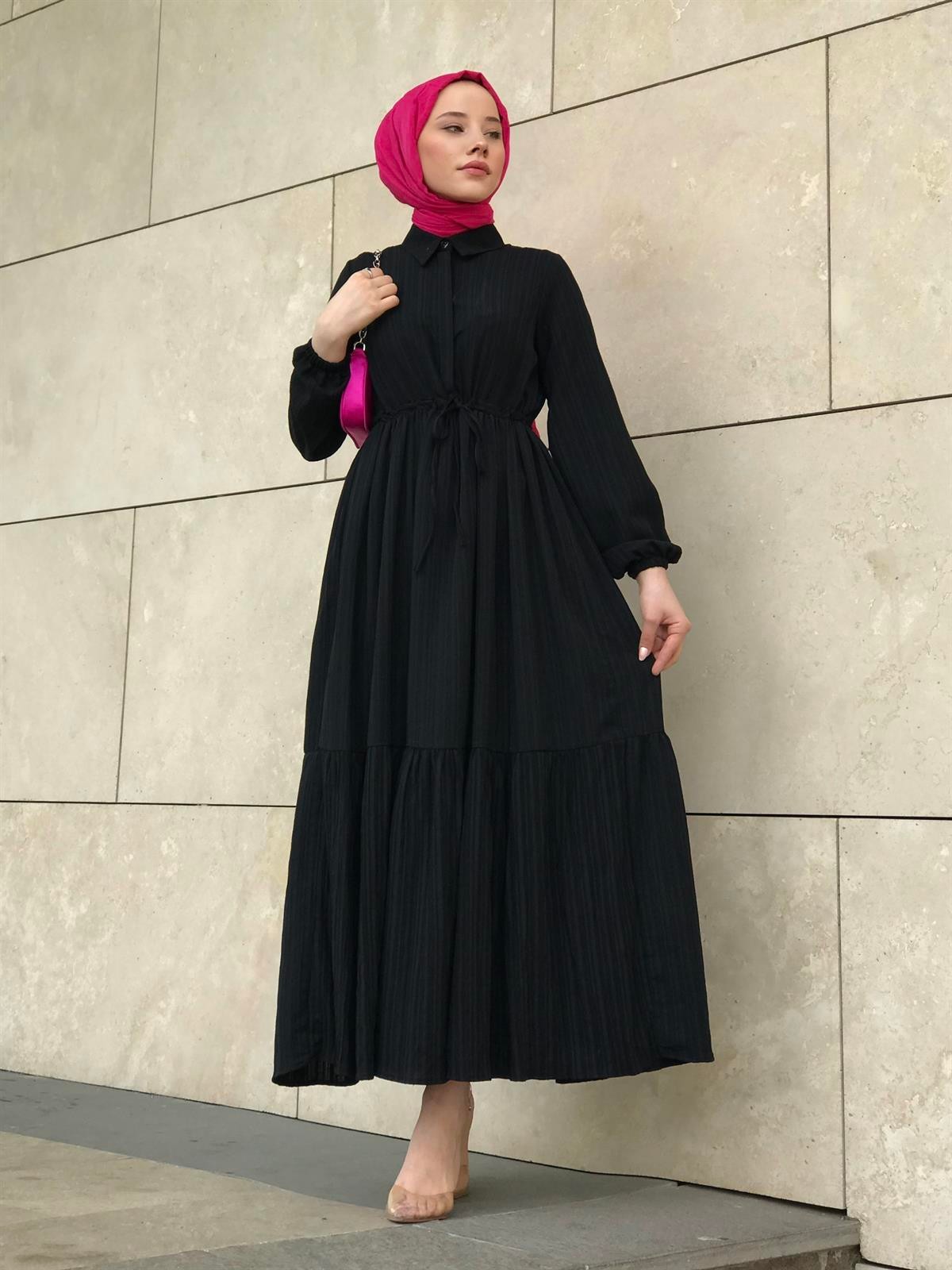 Beli Bağcıklı Gömlek Yaka Merven Elbise Siyah